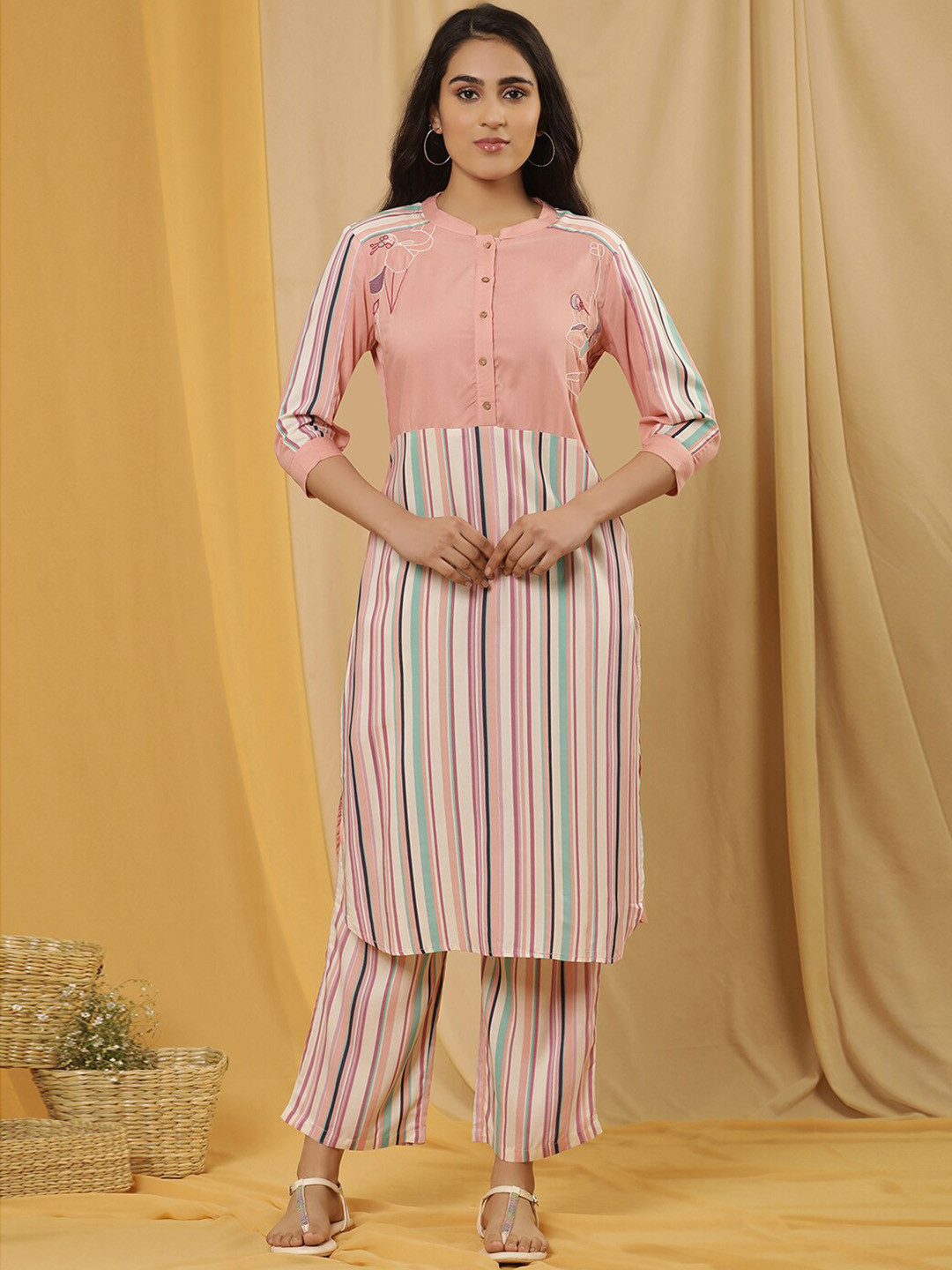 

W Striped Printed Straight Kurta with Trouser, Orange