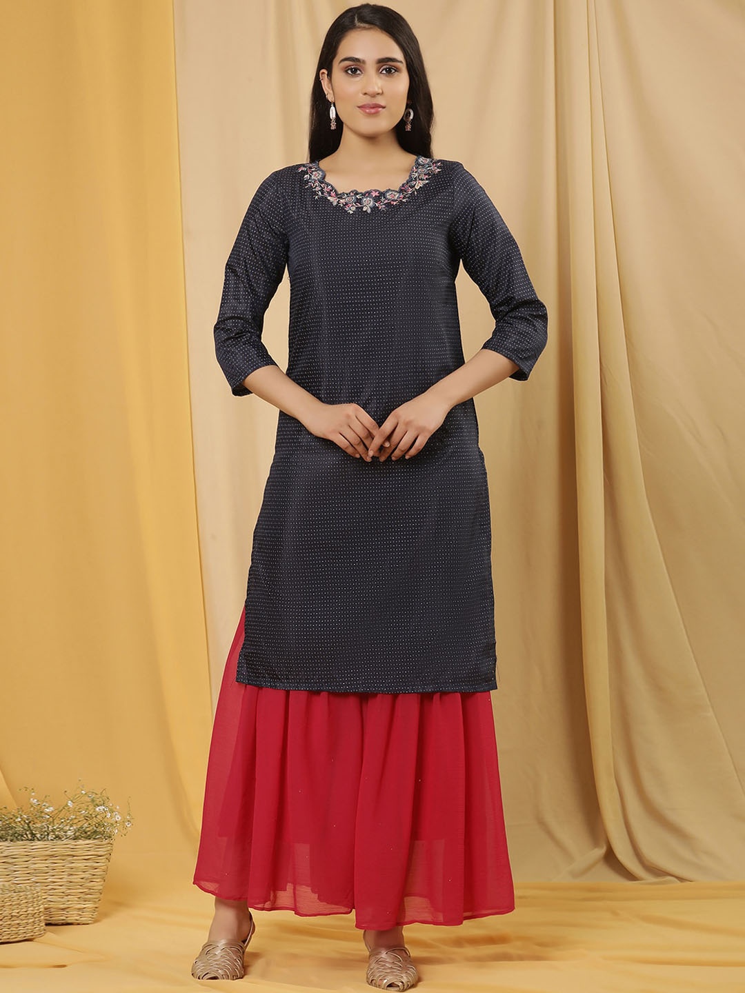 

W Printed Regular Thread Work Kurta with Sharara, Blue