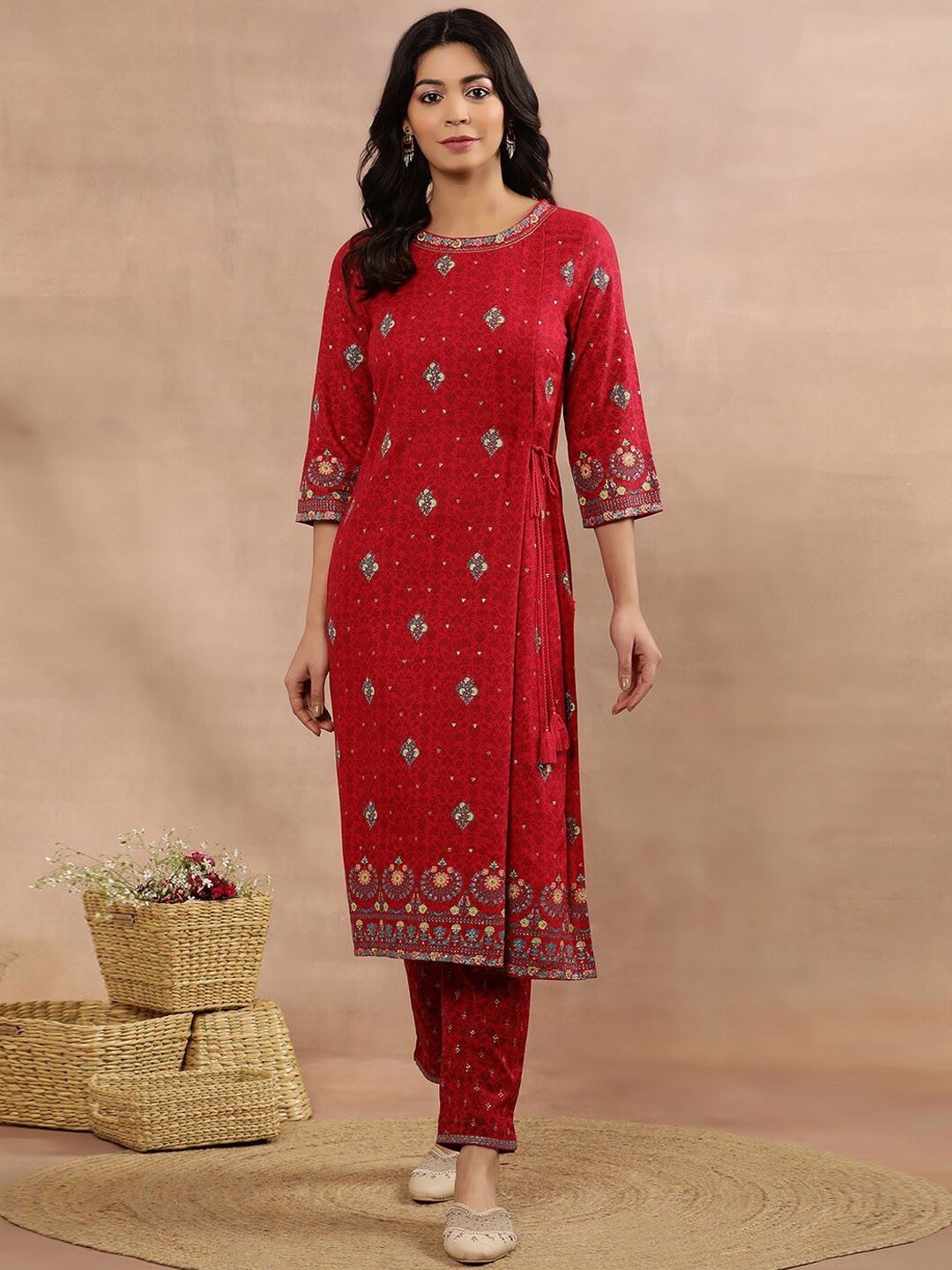 

W Floral Printed Regular Sequinned Kurta with Trouser, Pink