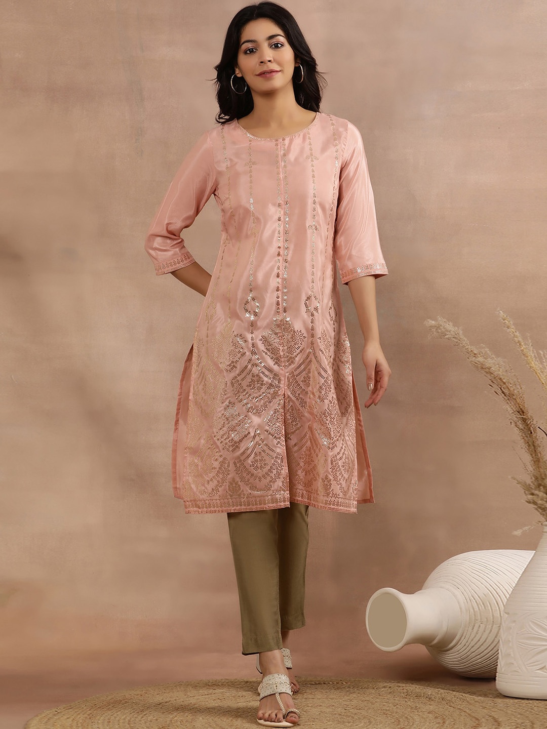 

W Printed Regular Sequinned Kurta with Trouser, Pink