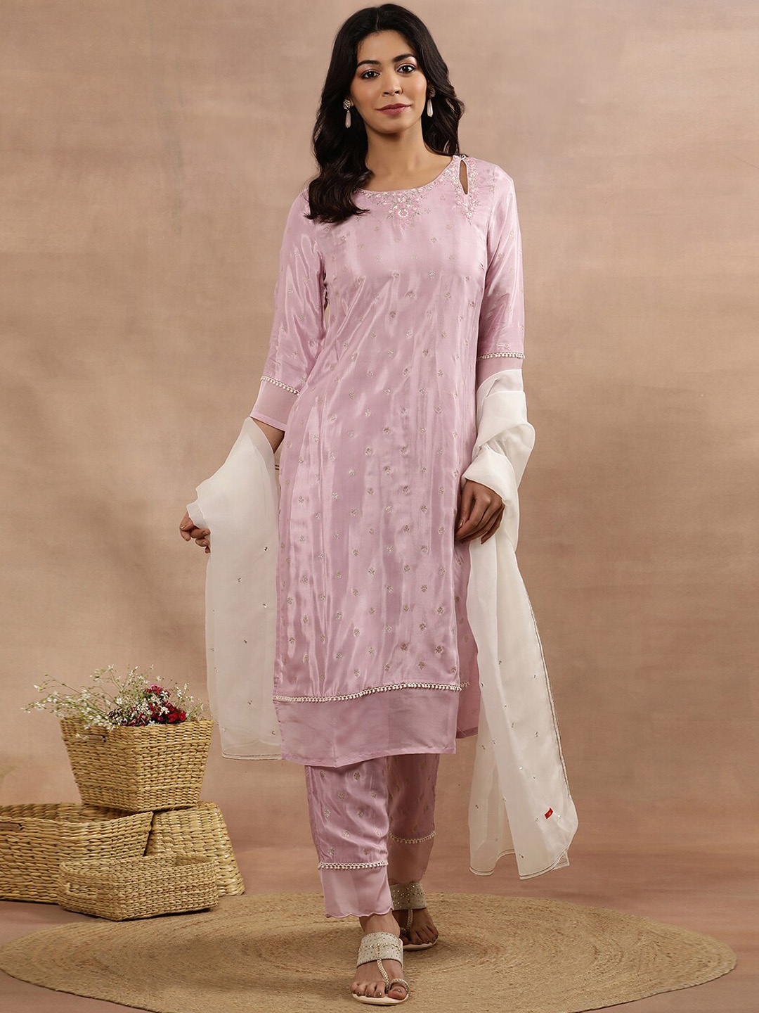 

W Ethnic Motifs Printed Regular Thread Work Kurta with Trousers & With Dupatta, Purple