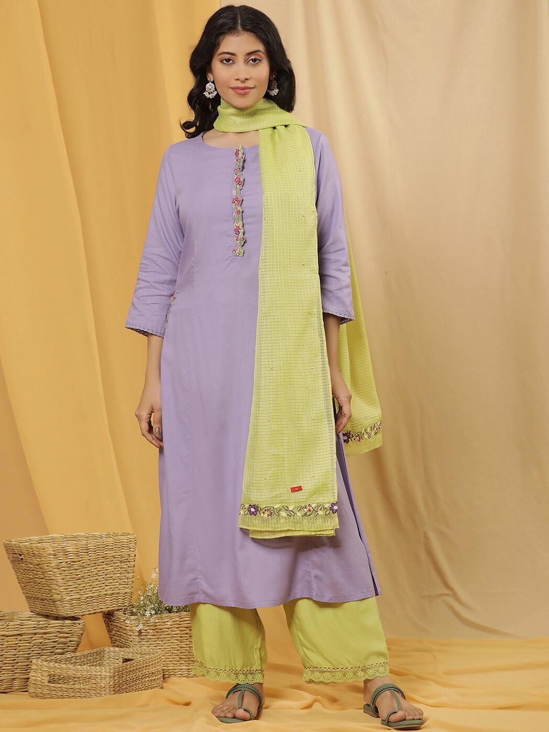 

W Thread Work Kurta With Trousers & Dupatta, Purple