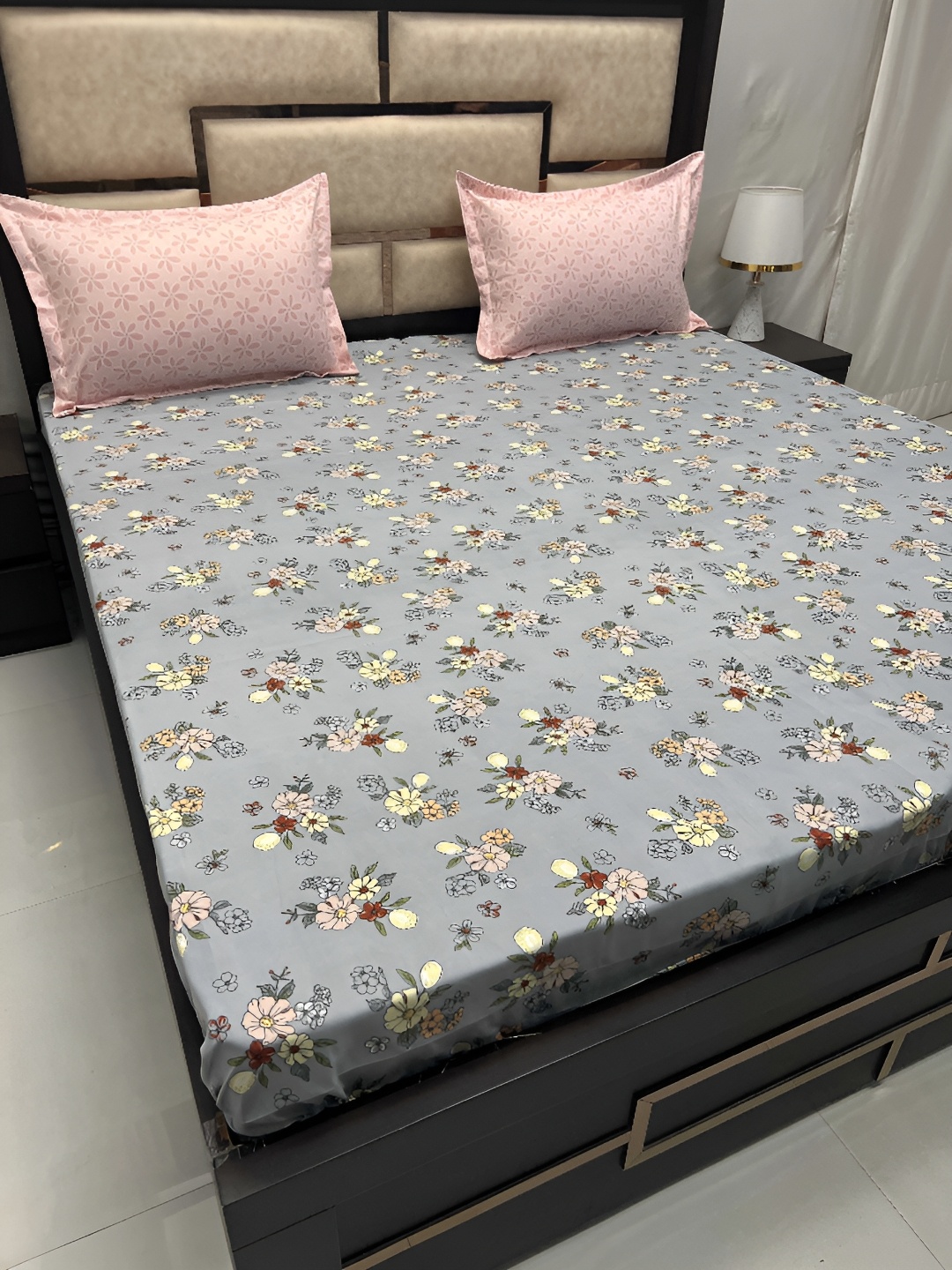 

Pure Decor Grey & Yellow Floral 250 TC King Bedsheet with 2 Pillow Covers