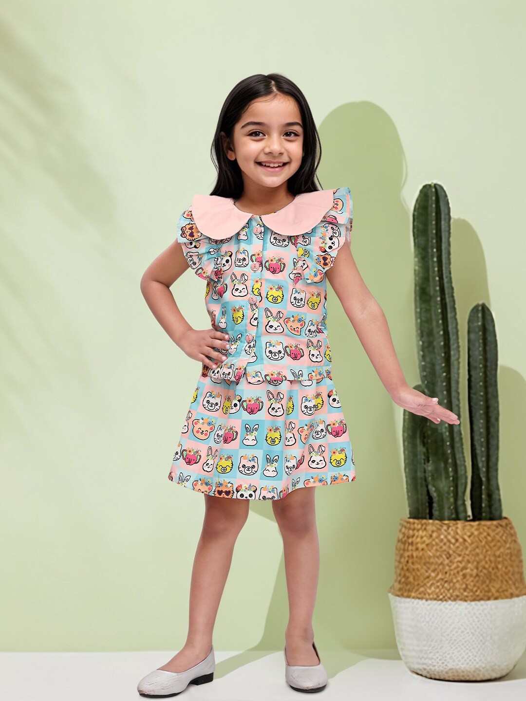 

Toonyport Girls Graphic Printed Peter Pan Collar Top with Skirt, Blue