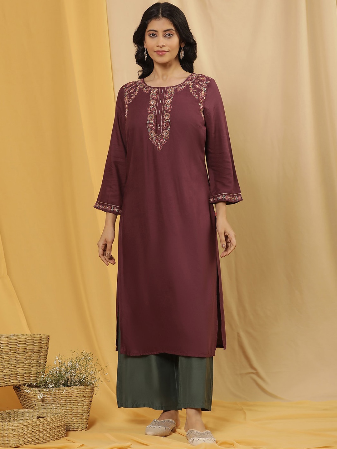 

W Floral Embroidered Regular Kurta with Trouser, Purple