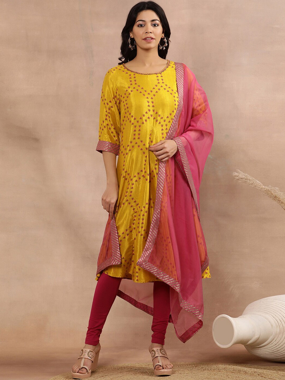 

W Ethnic Motifs Printed Regular Sequinned Kurta With Dupatta, Yellow