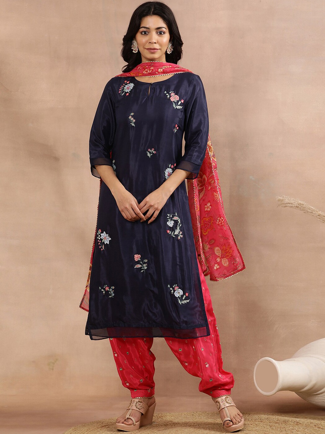 

W Blue Floral Embroidered Straight Kurta with Salwar & Dupatta, Navy blue