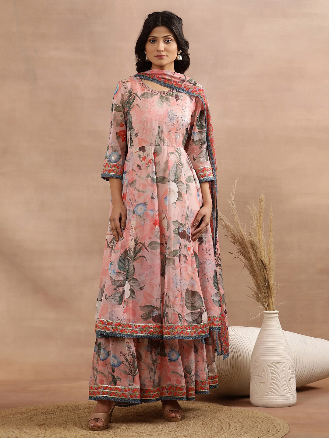 

WISHFUL Floral Print Sequined Fit & Flare Ethnic Dress With Dupatta, Pink