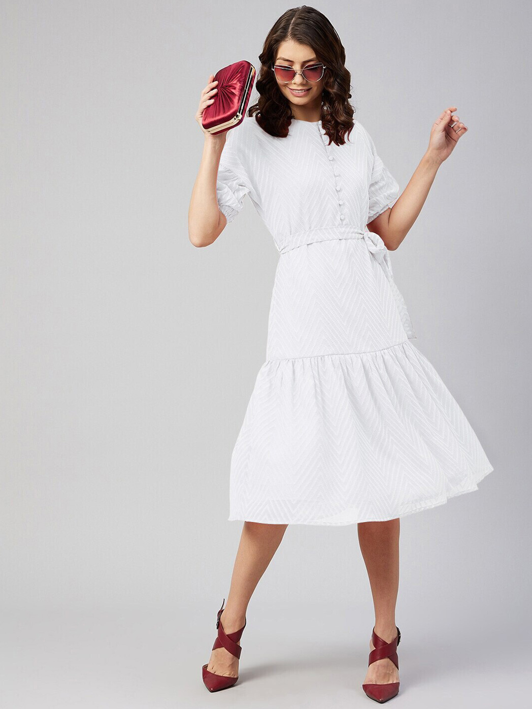 

BAESD Self Design Tie Ups Tiered A-Line Midi Dress, White