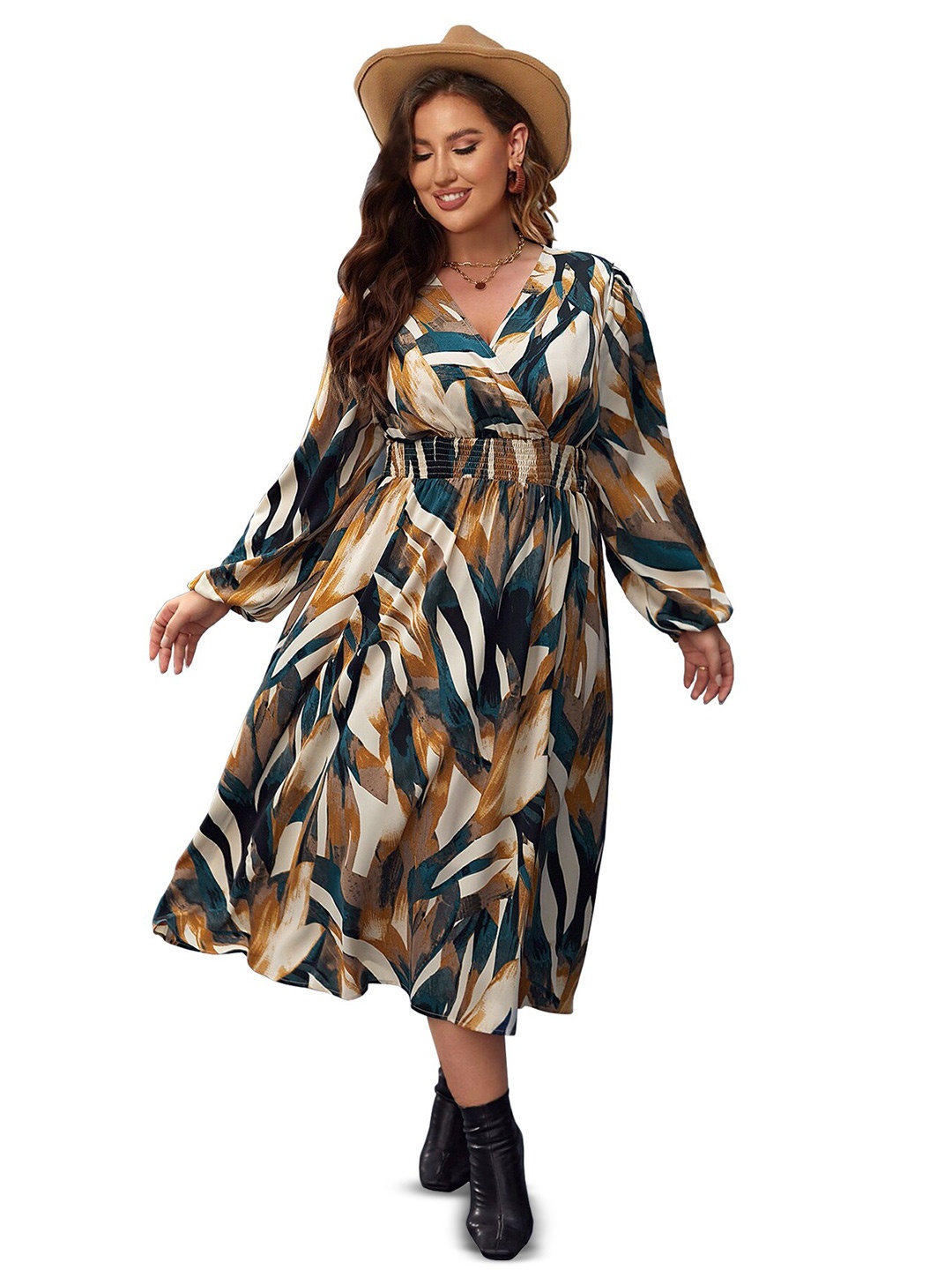 

BAESD Abstract Printed Crepe Fit & Flare Midi Dress, Beige