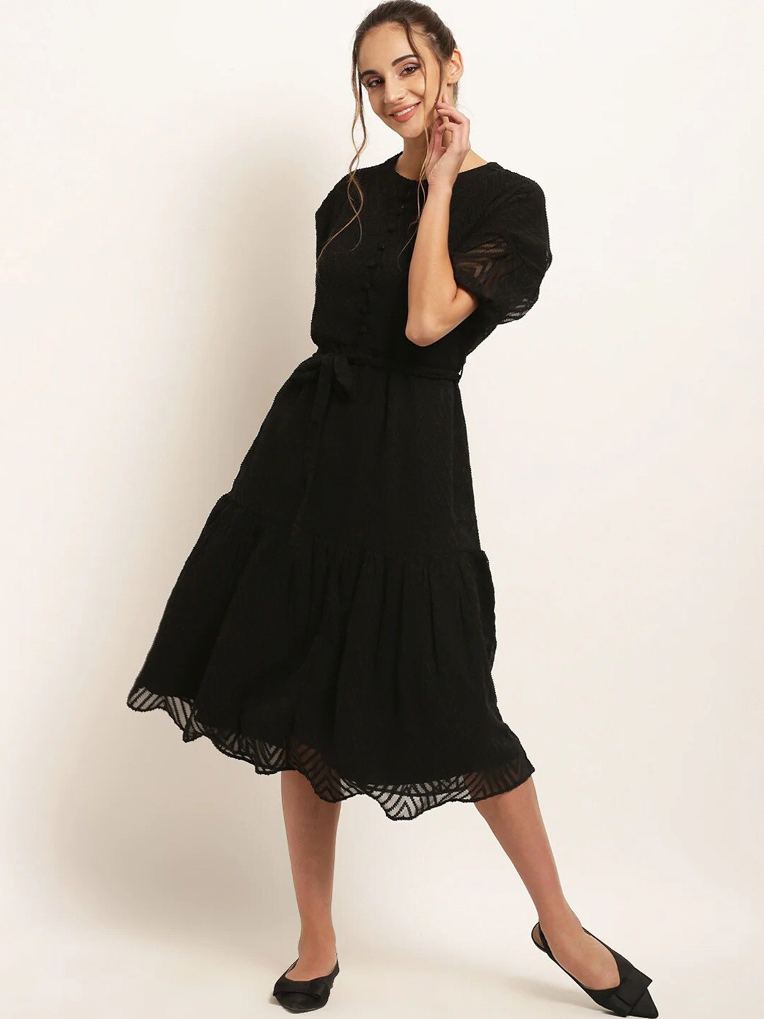 

BAESD Self Design Tiered A-Line Midi Dress, Black
