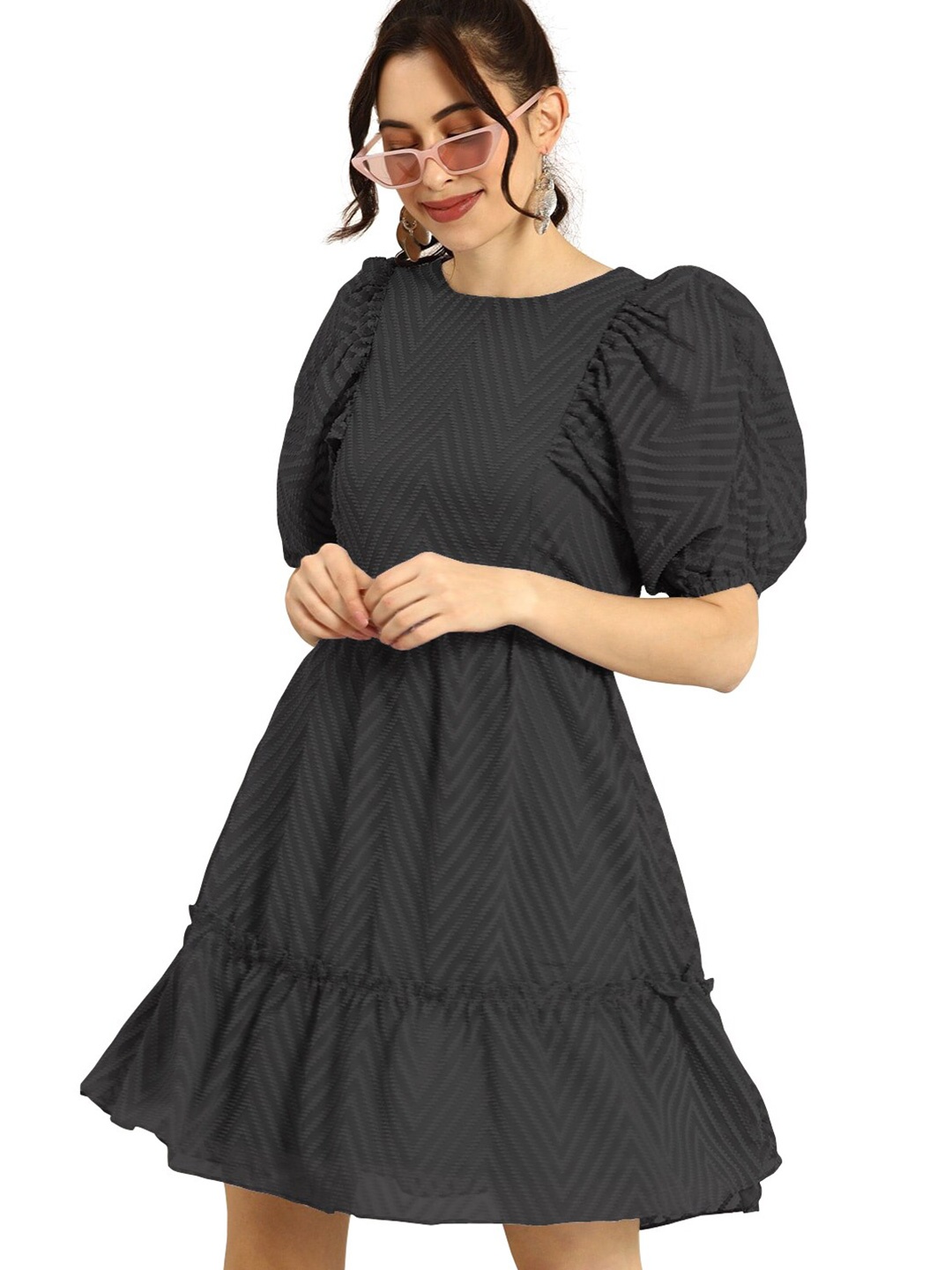 

BAESD Self Design Puff Sleeves A-Line Dress, Black