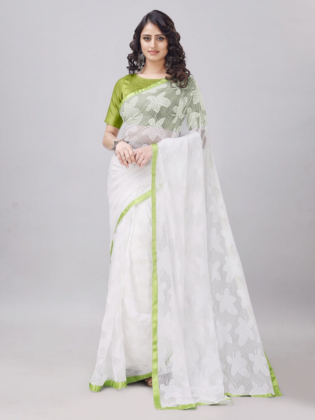 

vanraj creation Floral Woven Design Net Saree, Olive