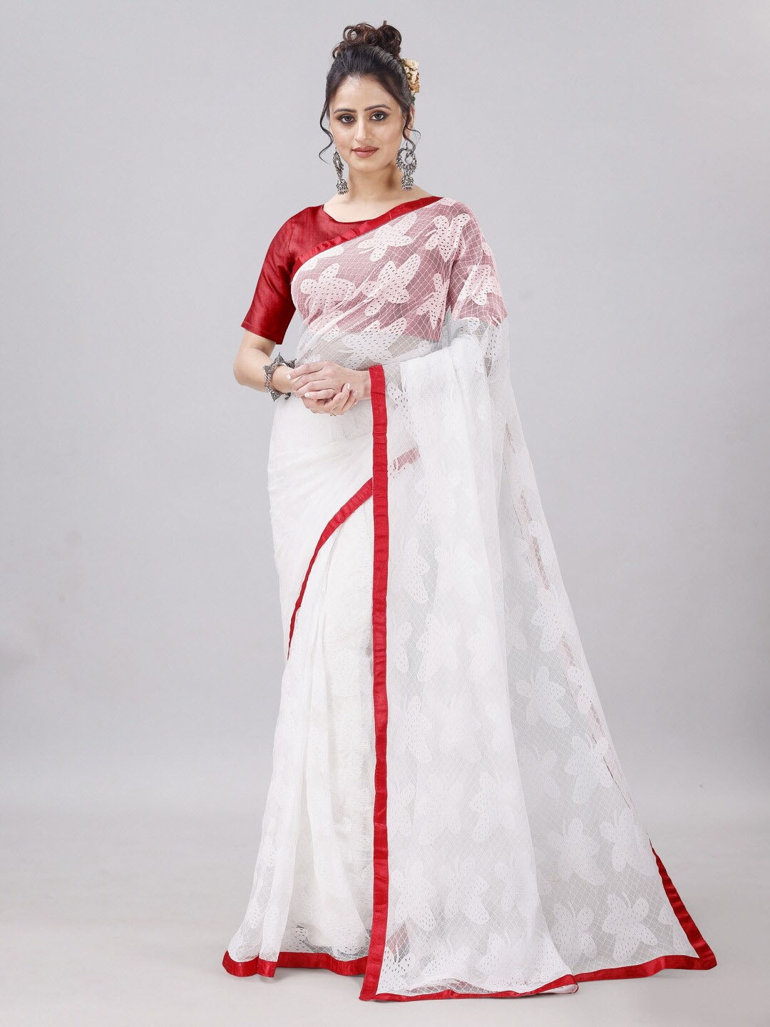 

vanraj creation Floral Woven Design Net Saree, Maroon