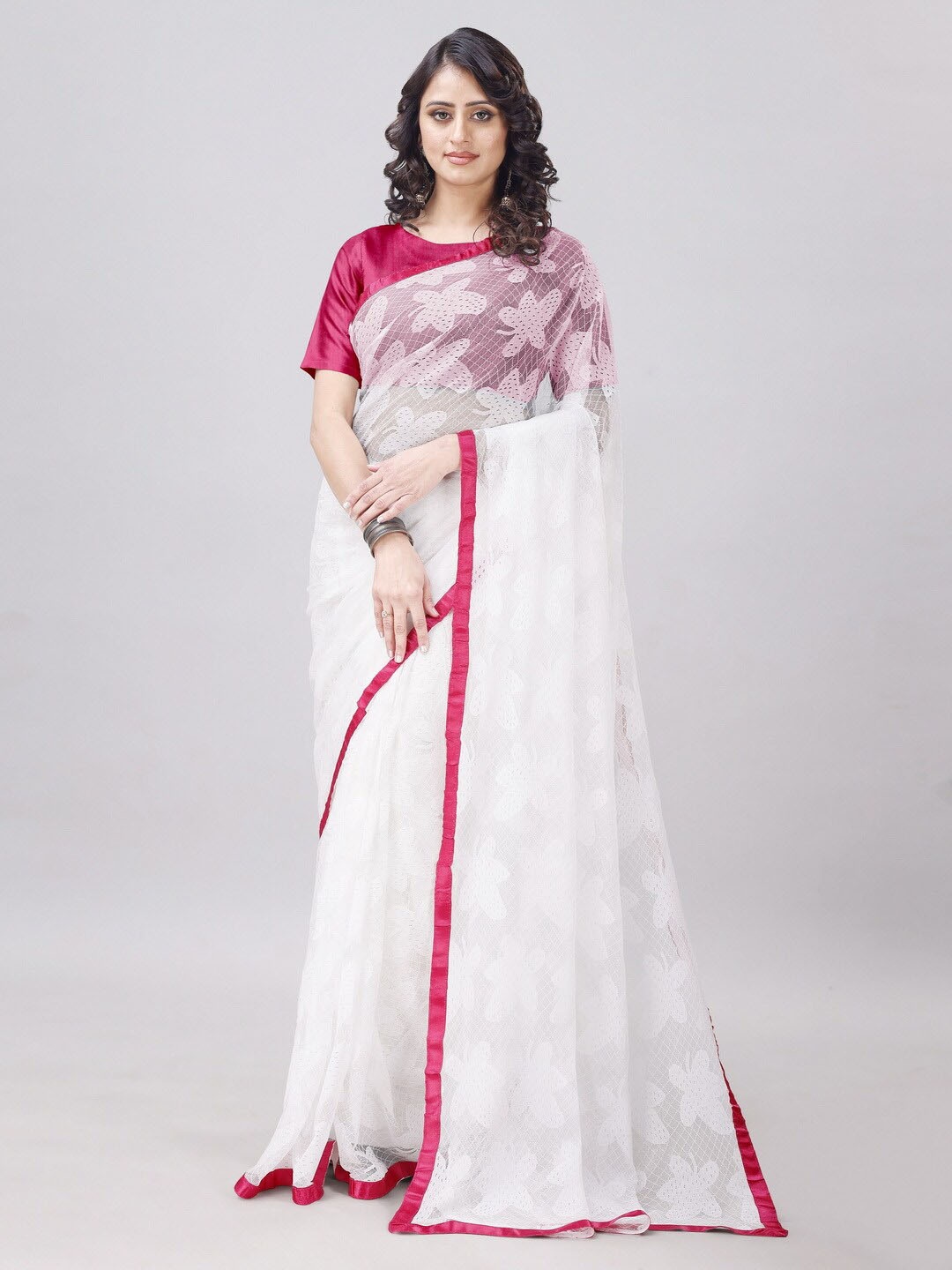 

vanraj creation Floral Woven Design Net Saree, Pink