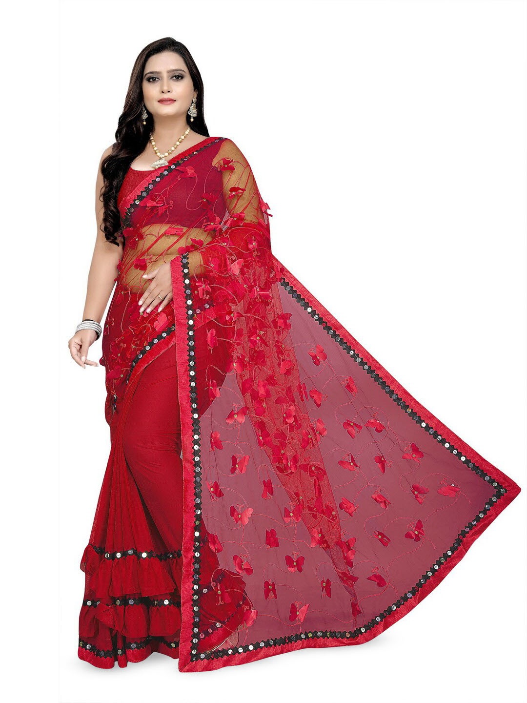 

vanraj creation Embellished Sequinned Net Half and Half Saree, Red