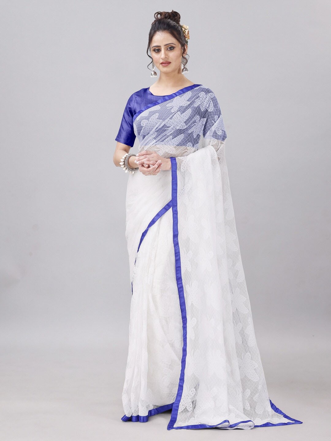 

vanraj creation Floral Woven Design Net Saree, Blue