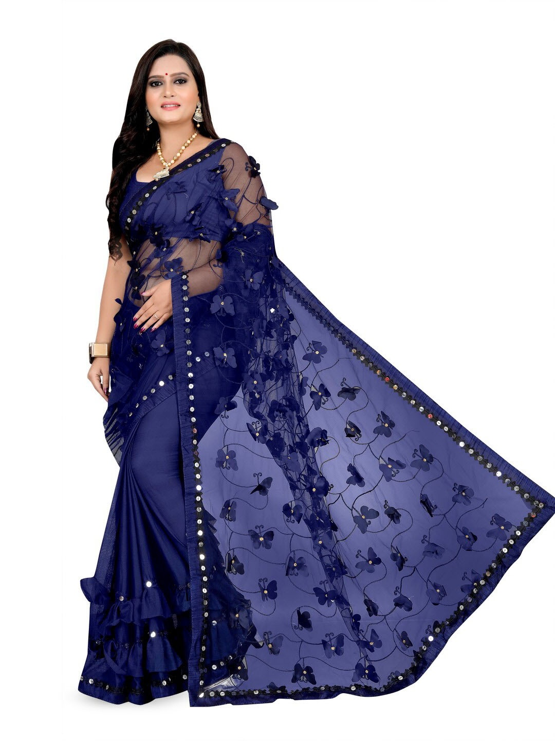 

vanraj creation Embellished Embroidered Net Half & Half Saree, Navy blue