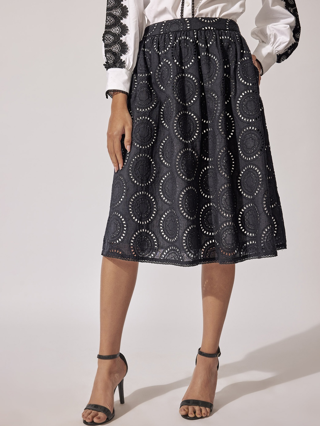 

The Label Life Floral Printed Pure Cotton Flared Knee Length Skirt, Black
