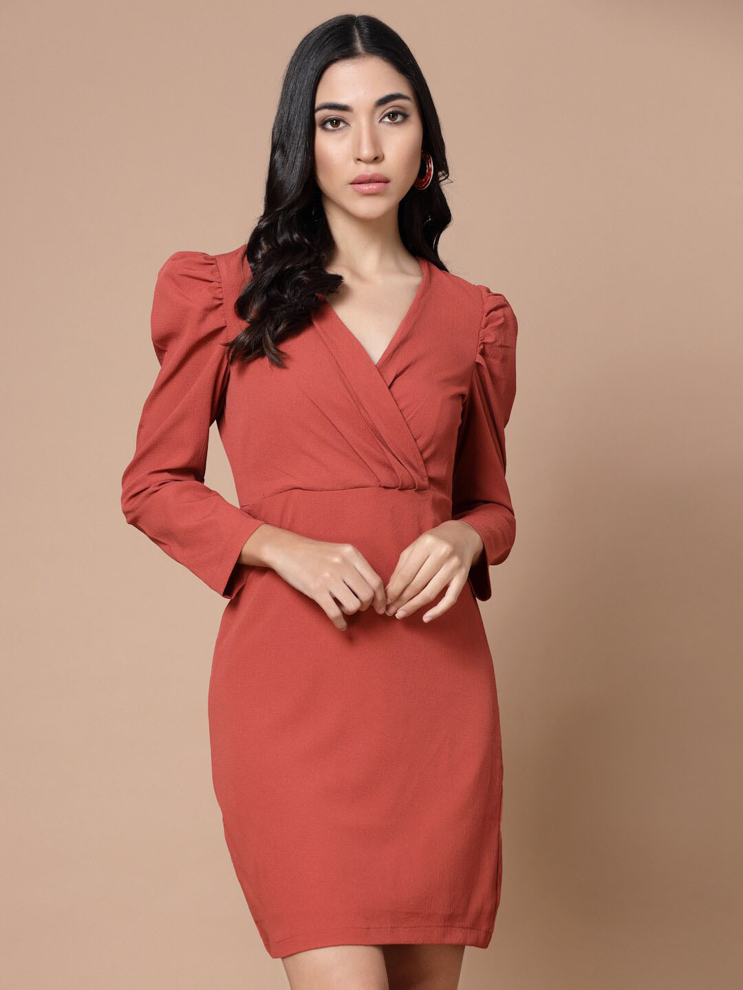 

HOUSE OF KKARMA V-Neck Puff Sleeves Gathered Crepe Sheath Dress, Rust