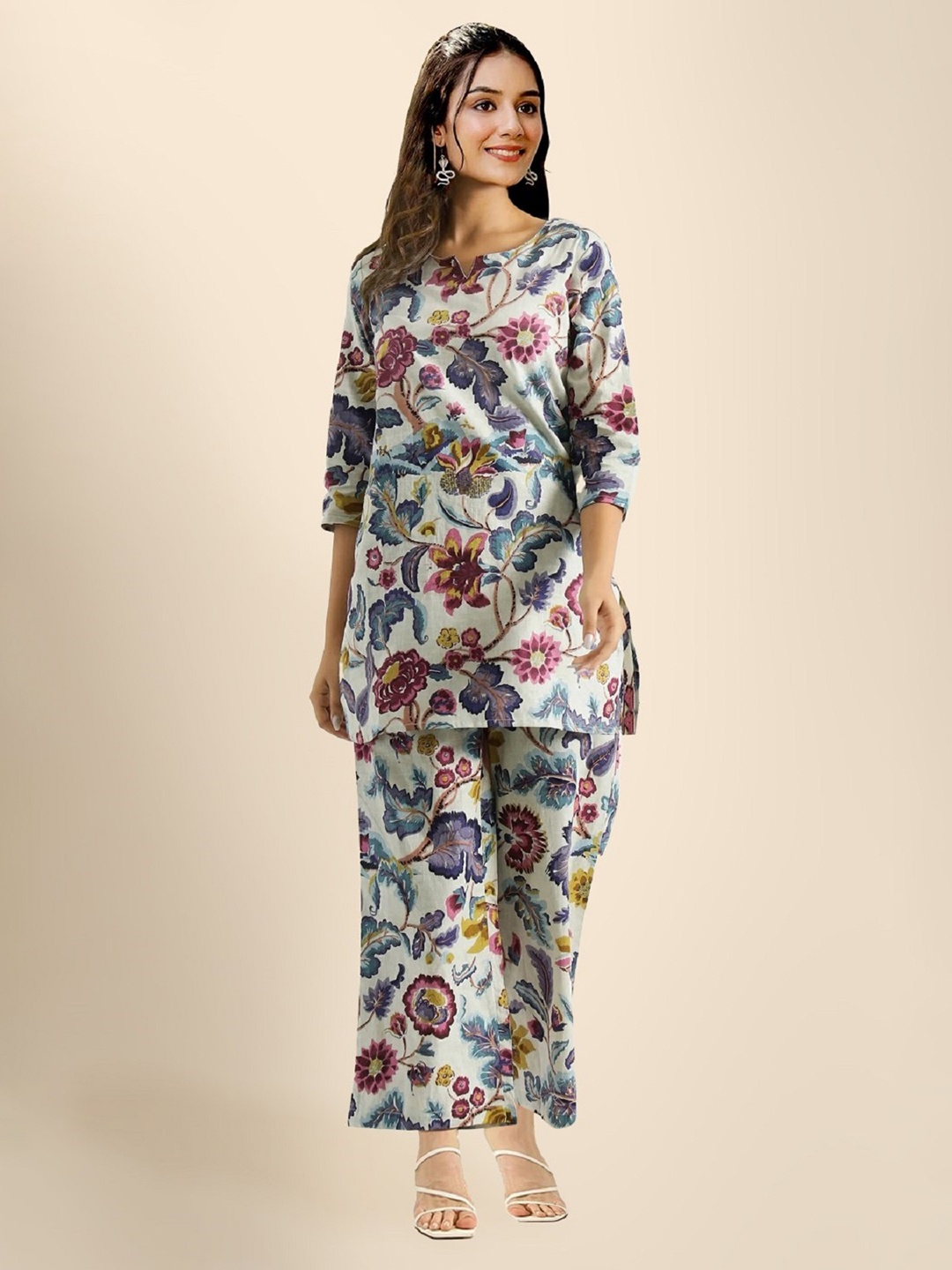 

TOOCHKI Floral Printed Straight Kurti with Palazzos, White