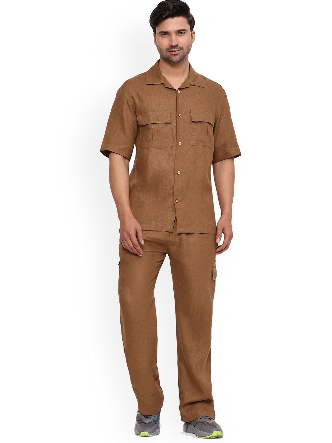 

BAESD Shirt Collar Pure Linen Shirt With Trouser, Brown