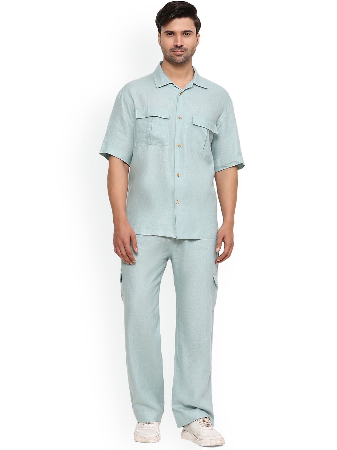 

BAESD Shirt Collar Pure Linen Shirt With Trouser, Sea green