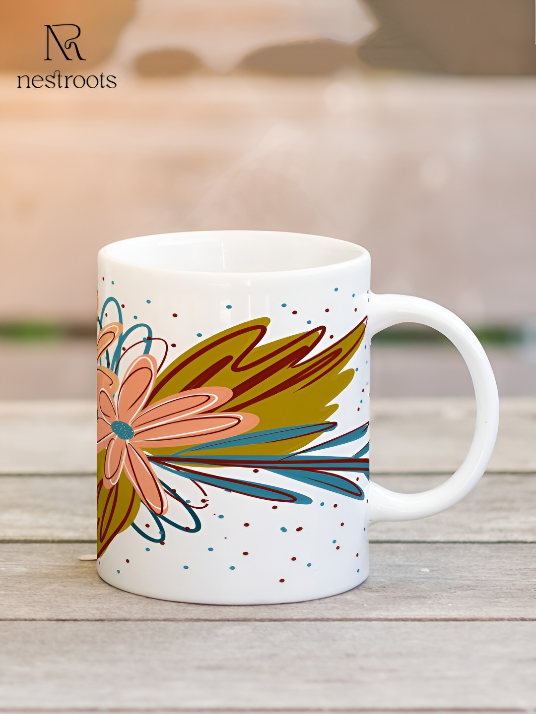 

nestroots White & Green Printed Stoneware Glossy Mugs 350 ml