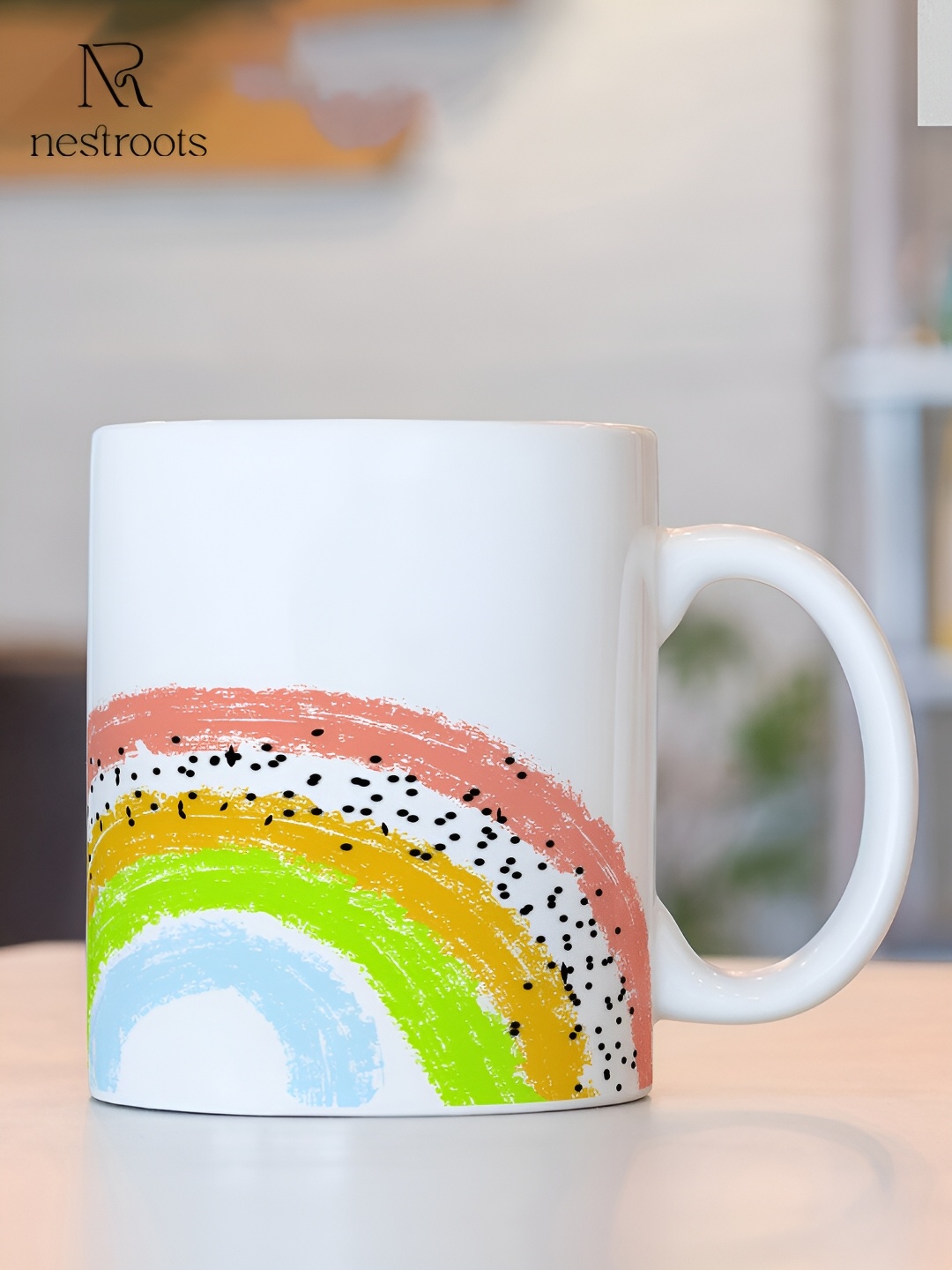 

nestroots White & Green Printed Stoneware Glossy Mug 350 ml