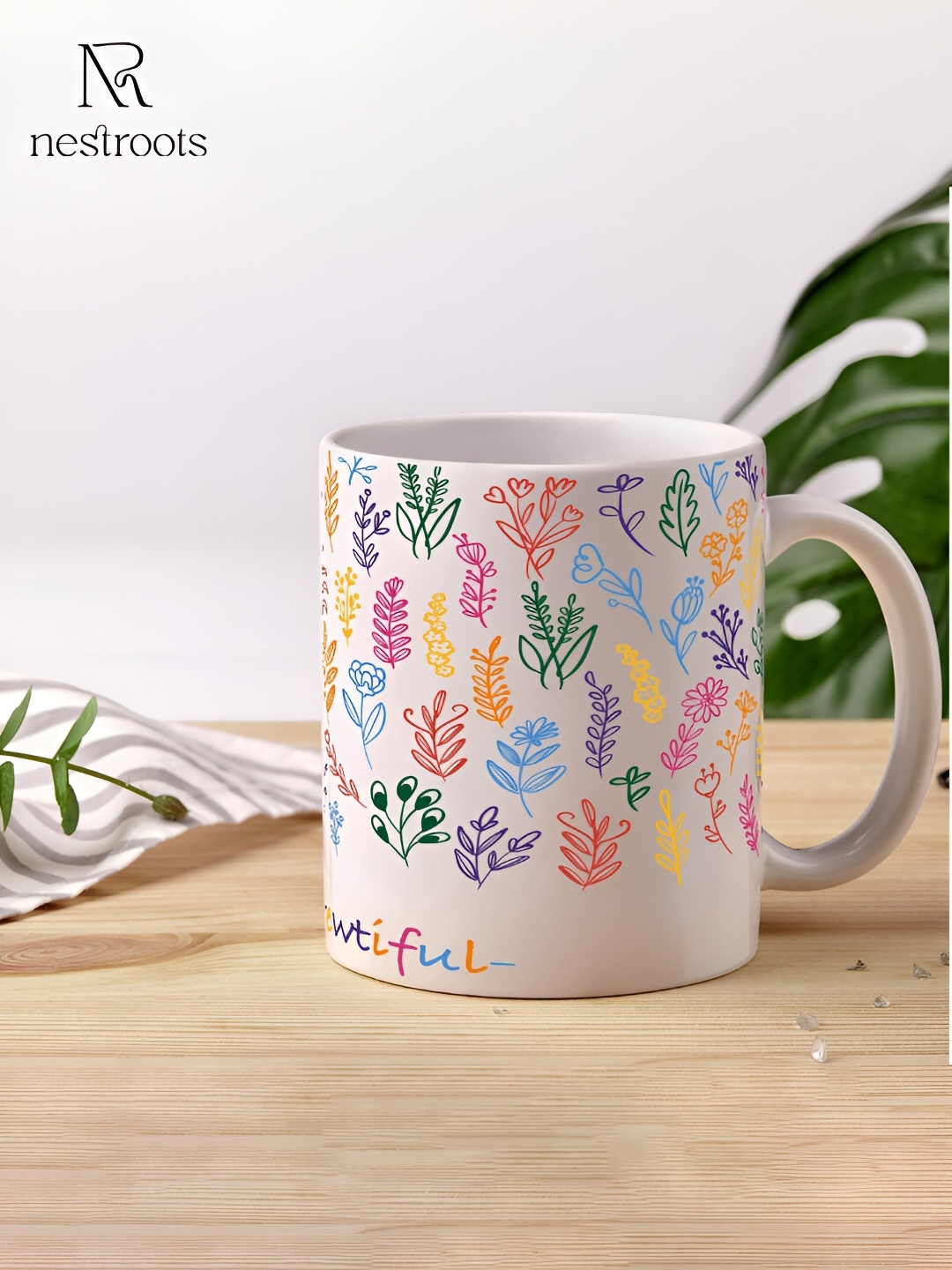 

nestroots White & Pink Floral Printed Stoneware Glossy Mug 350 ml