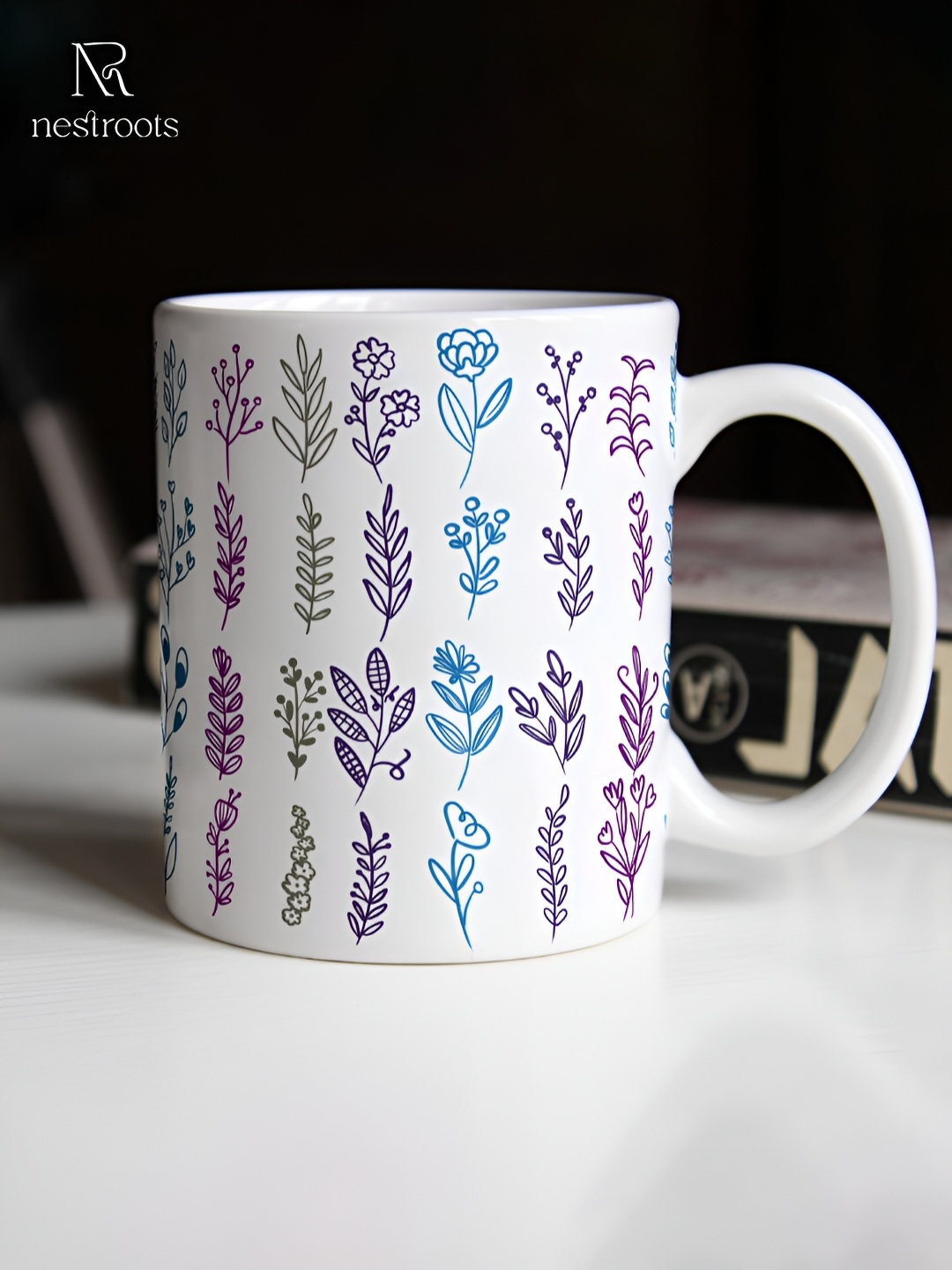 nestroots White & Blue Printed Stoneware Glossy Mug 350 ml