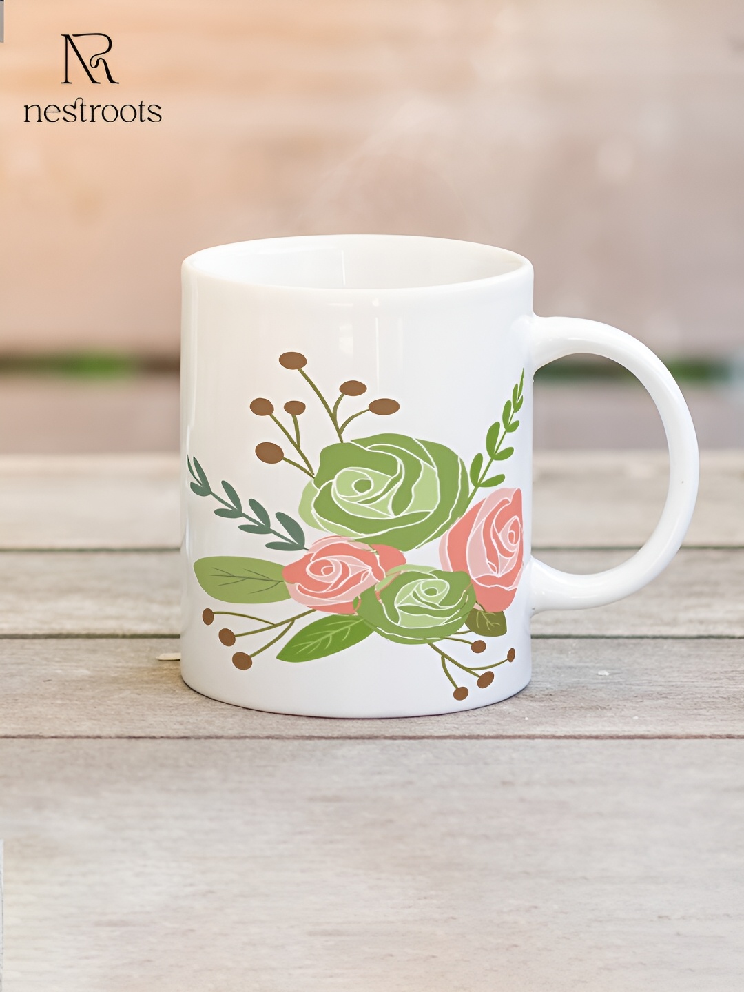 

nestroots Pink & White Floral Printed Stoneware Glossy Mug 350 ml