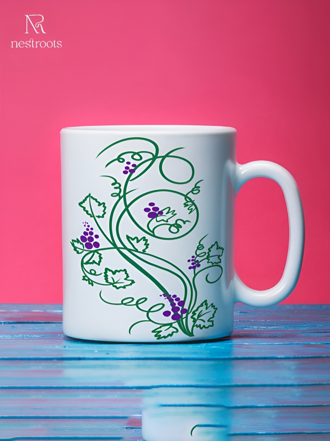 

nestroots White & Green Printed Stoneware Glossy Mug 350 ml