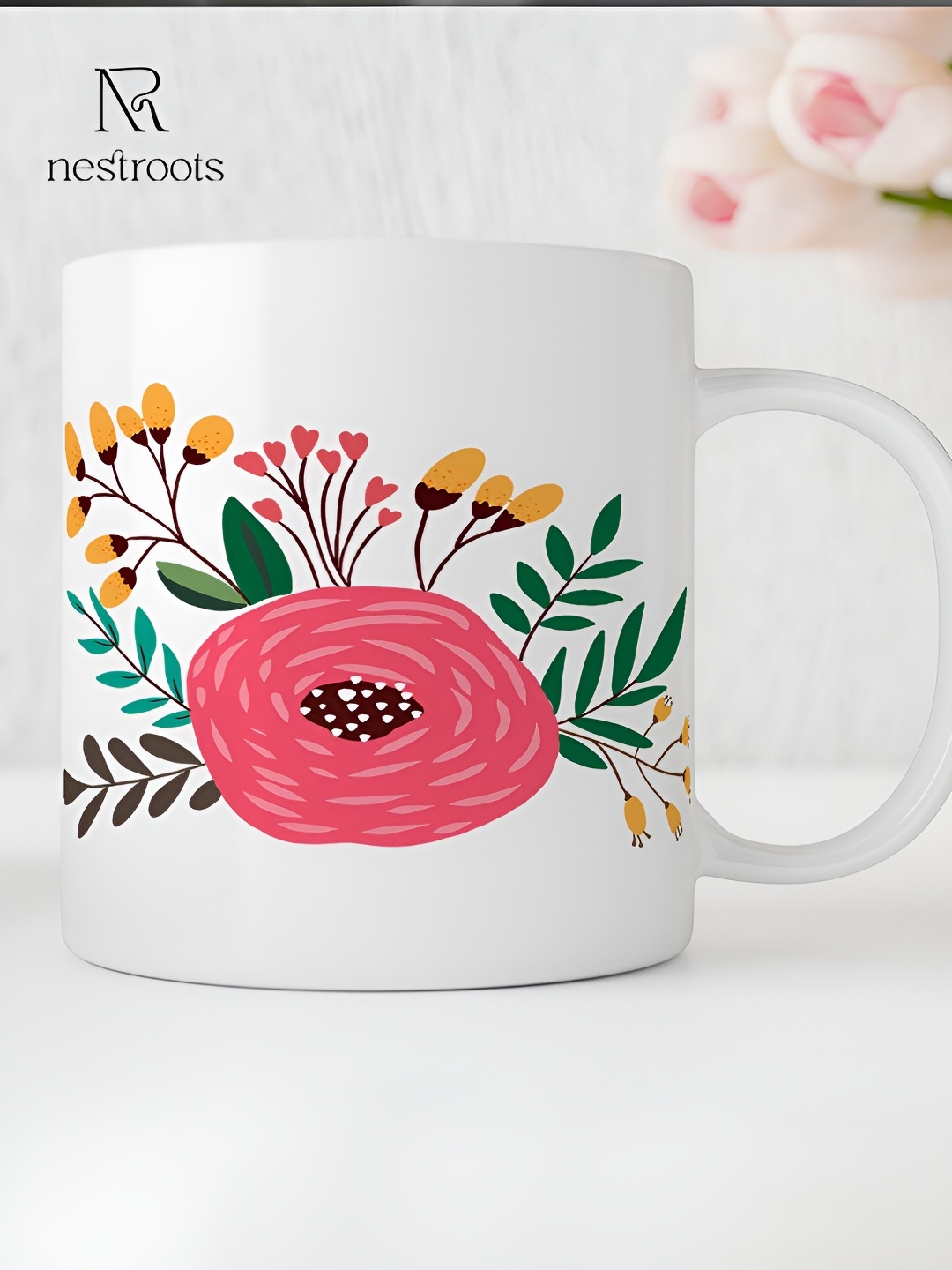 

nestroots White & Green Floral Printed Dishwasher Safe Stoneware Glossy Mug 350 ml