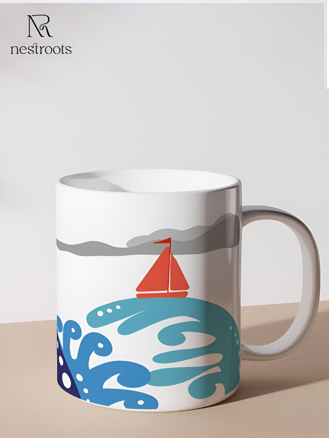 

nestroots White & Blue Printed Dishwasher Safe Stoneware Glossy Mug 350 ml