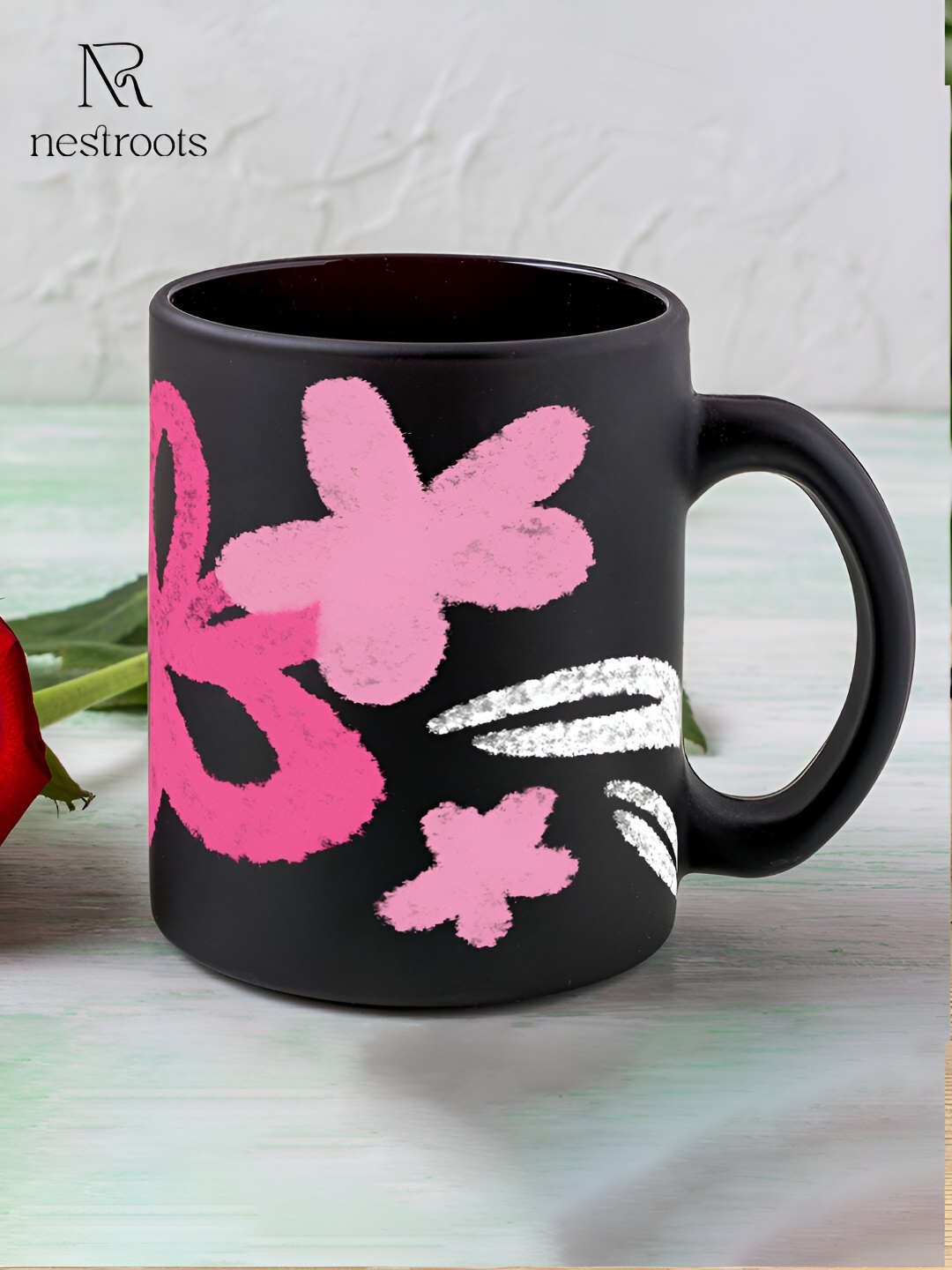 

nestroots Pink & Black Floral Printed Dishwasher Safe Stoneware Glossy Mug 350 ml