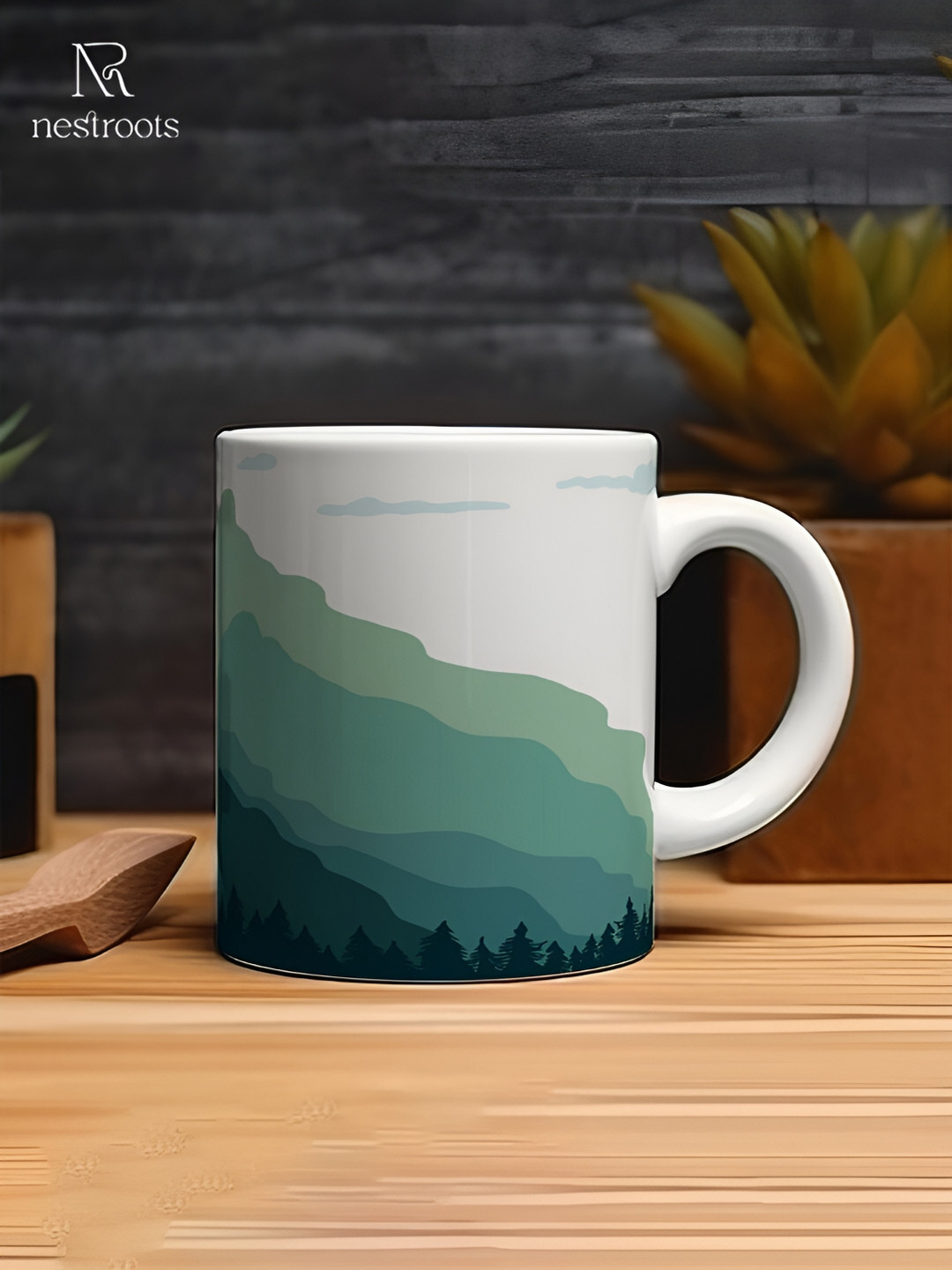 

nestroots White & Green Printed Dishwasher Safe Stoneware Glossy Mug 350 ml