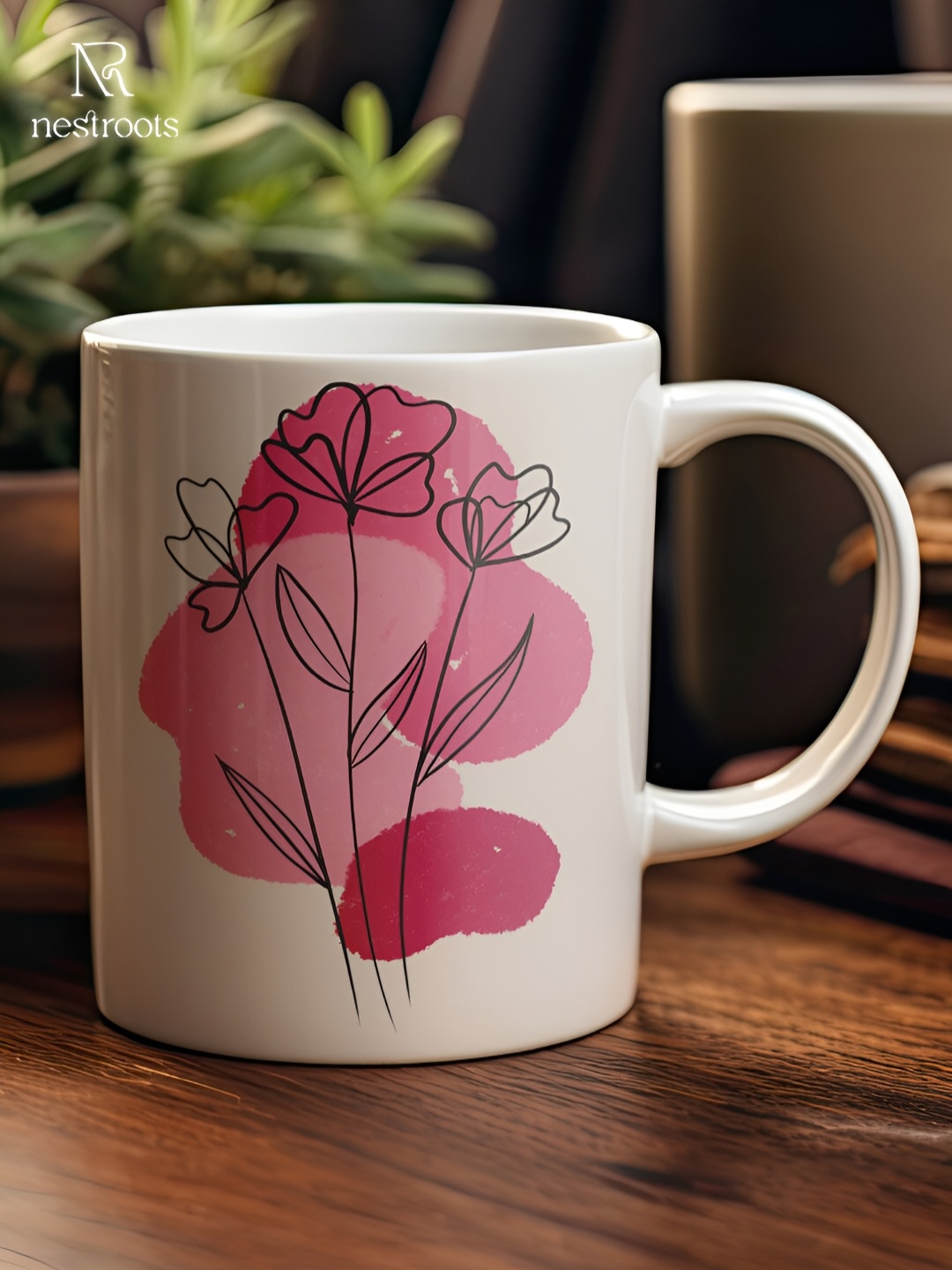 

nestroots Pink & Cream Floral Printed Dishwasher Safe Stoneware Glossy Mug 350 ml
