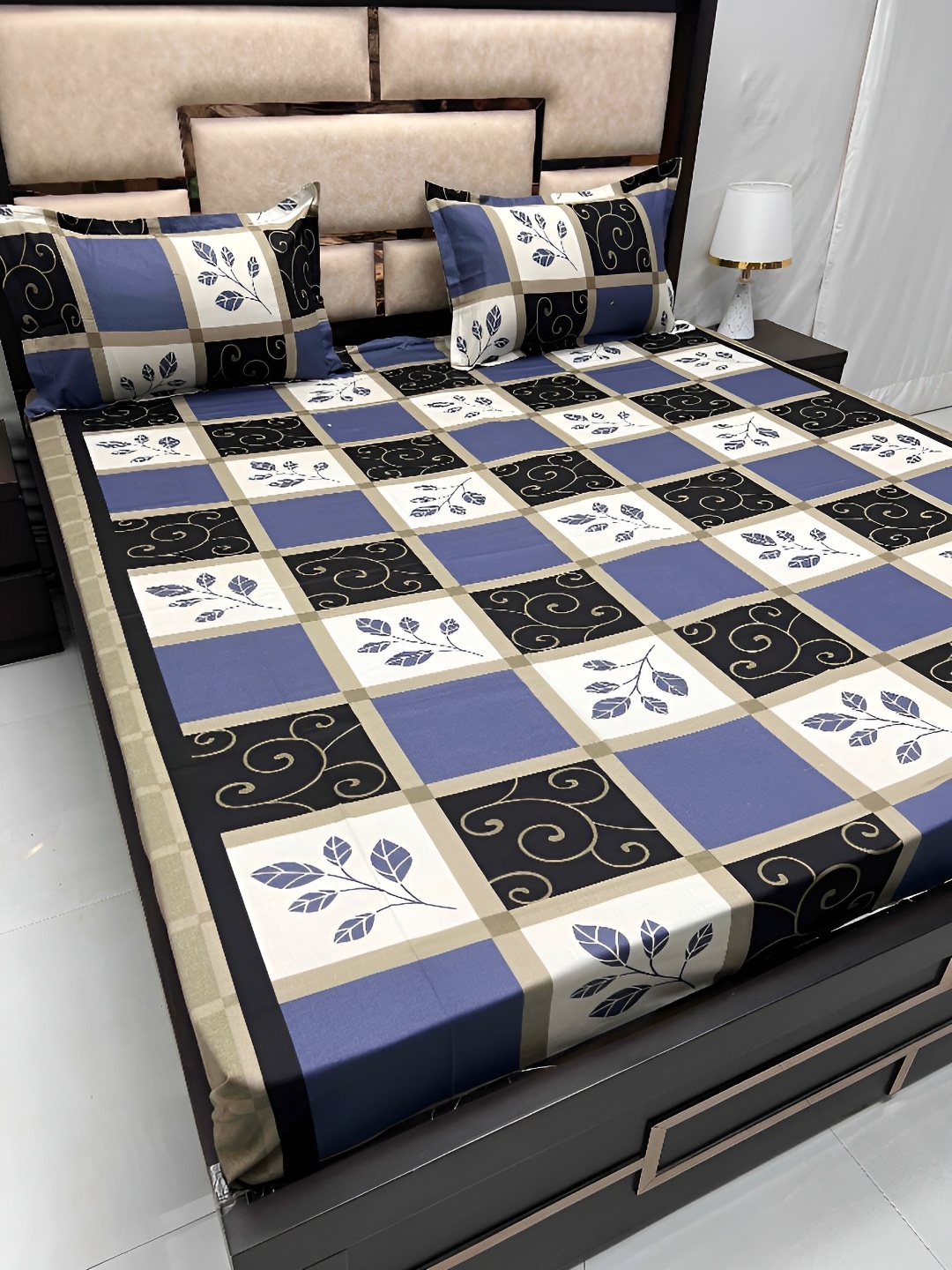 

Pure Decor White & Blue Floral Cotton 350 TC King Bedsheet with 2 Pillow Covers