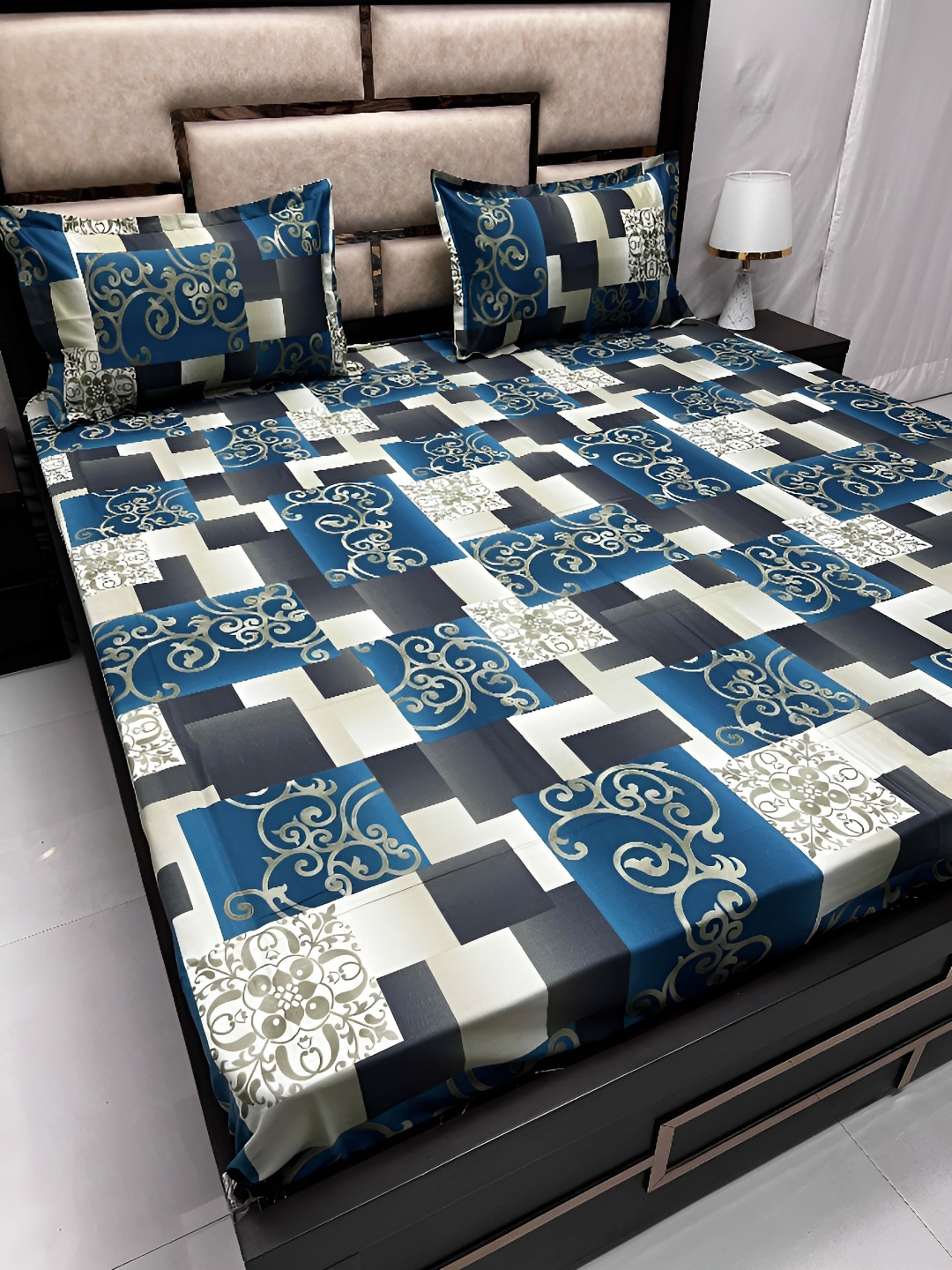 

Pure Decor Blue & Grey Ethnic Motifs Cotton 350 TC King Bedsheet with 2 Pillow Covers