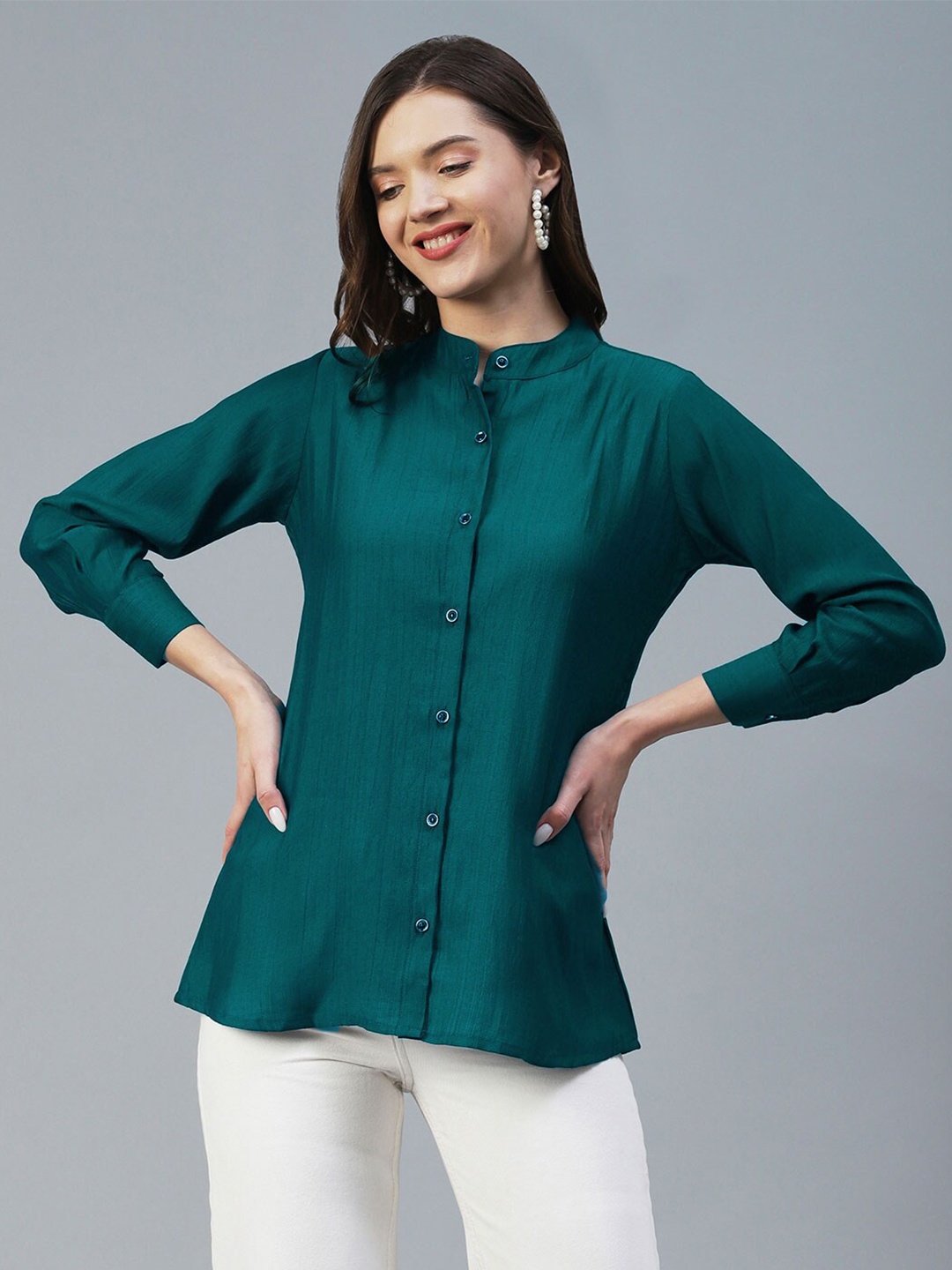 

18 ATTITUDE Mandarin Collar Casual Shirt, Sea green