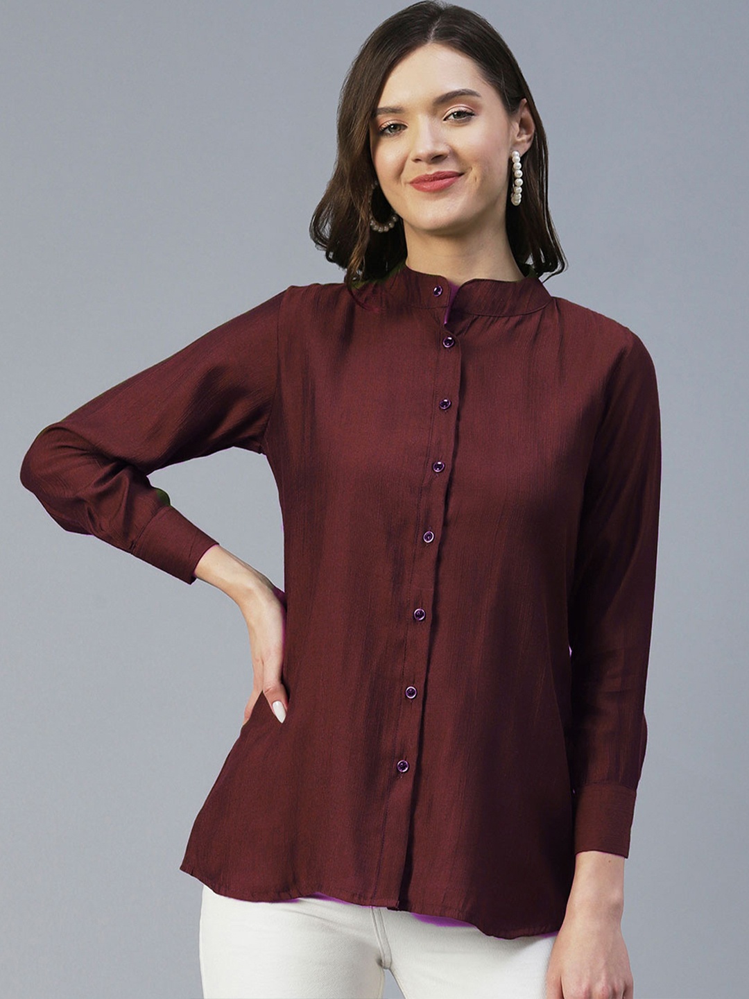 

18 ATTITUDE Mandarin Collar Casual Shirt, Fuchsia