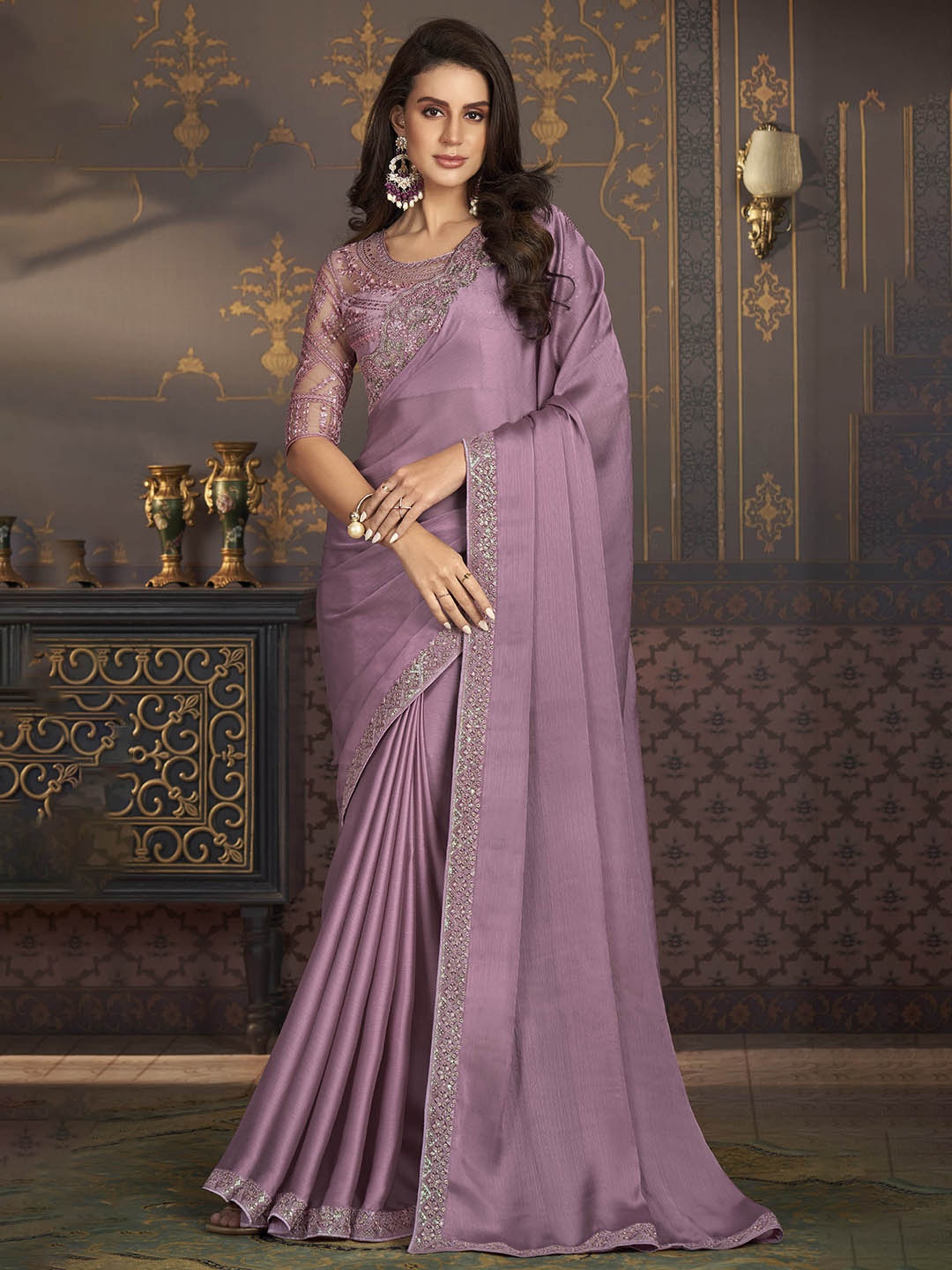 

Mitera Embellished Embroidered Silk Blend Saree, Lavender