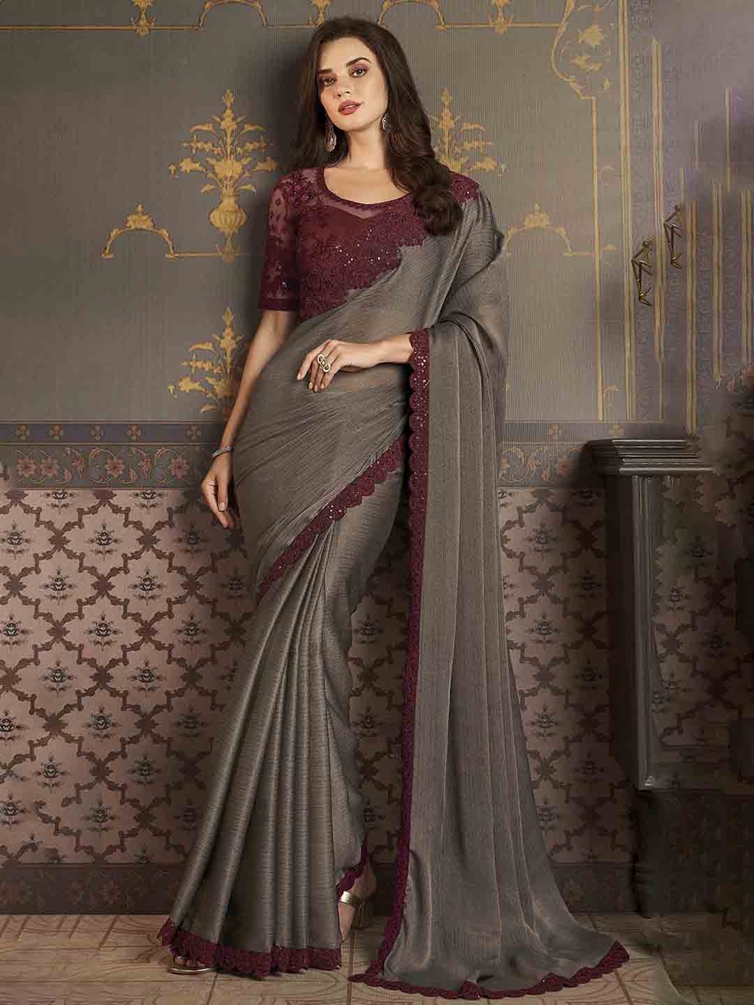 

Mitera Embroidered Silk Blend Saree, Grey