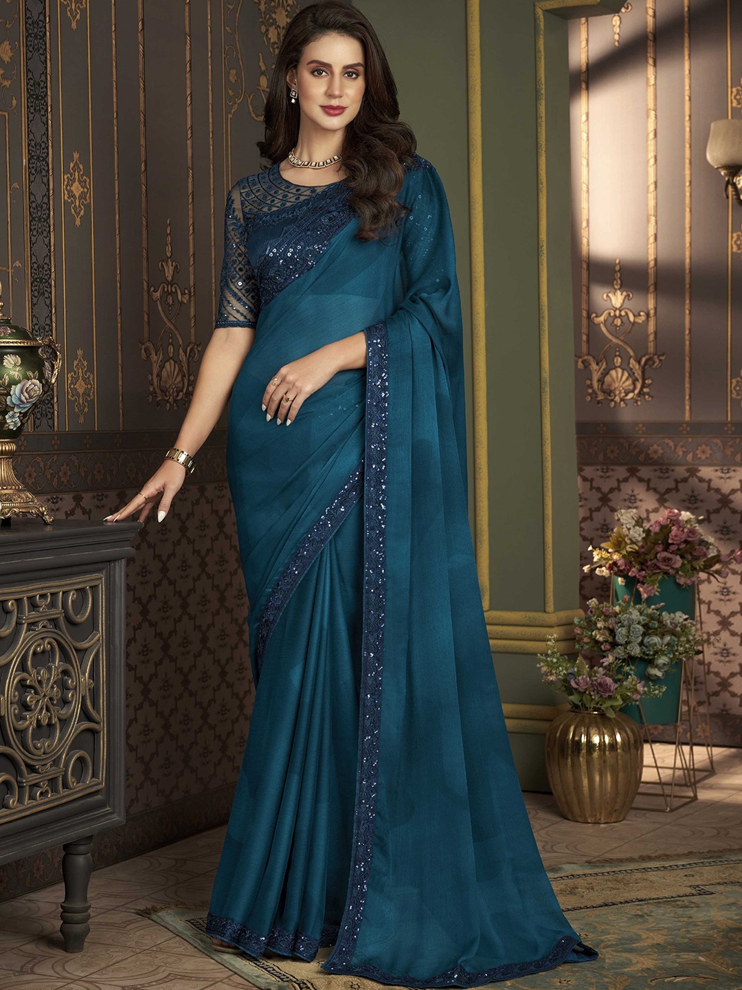 

Mitera Sequinned Embroidered Saree, Teal