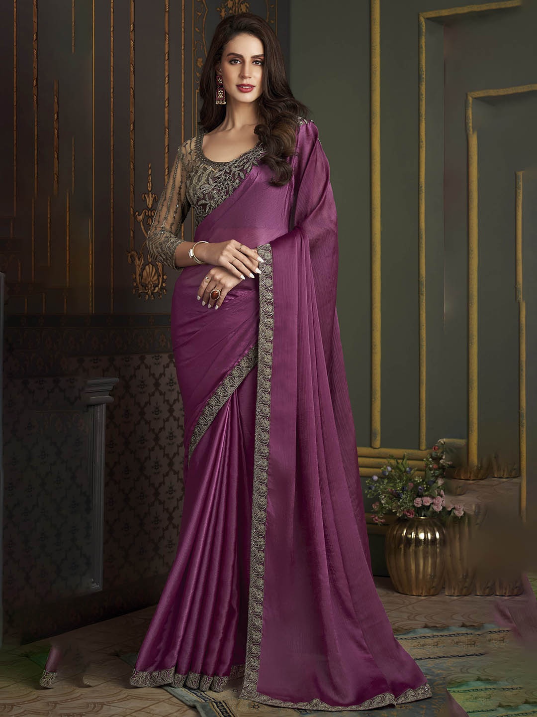 

Mitera Embroidered Silk Blend Saree, Purple