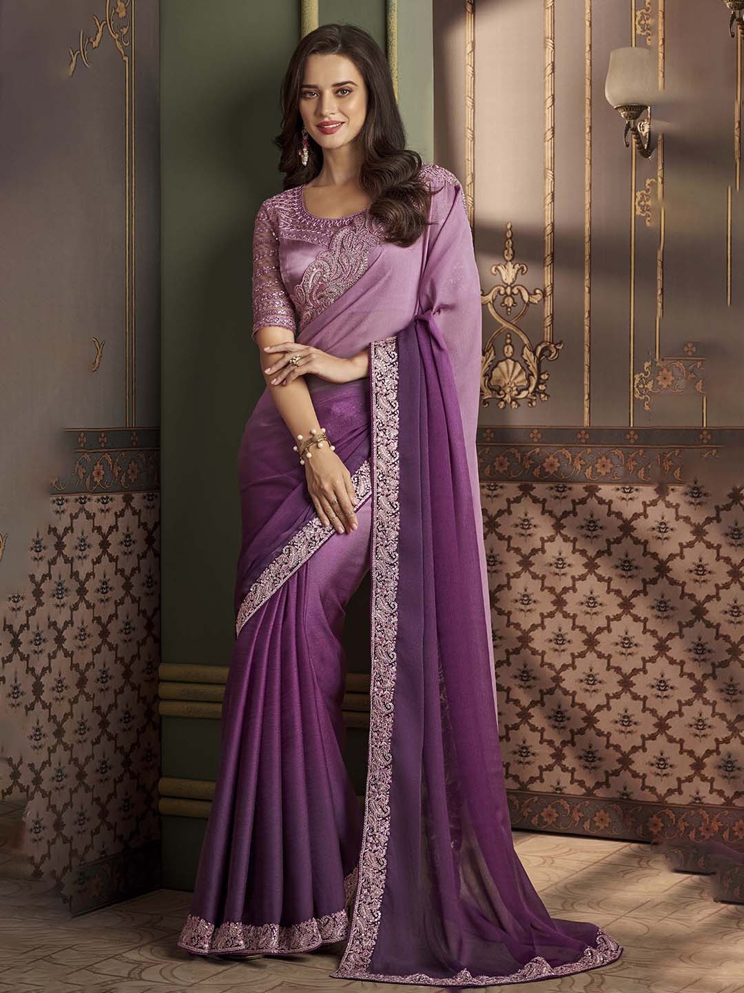 

Mitera Embellished Embroidered Silk Blend Saree, Purple