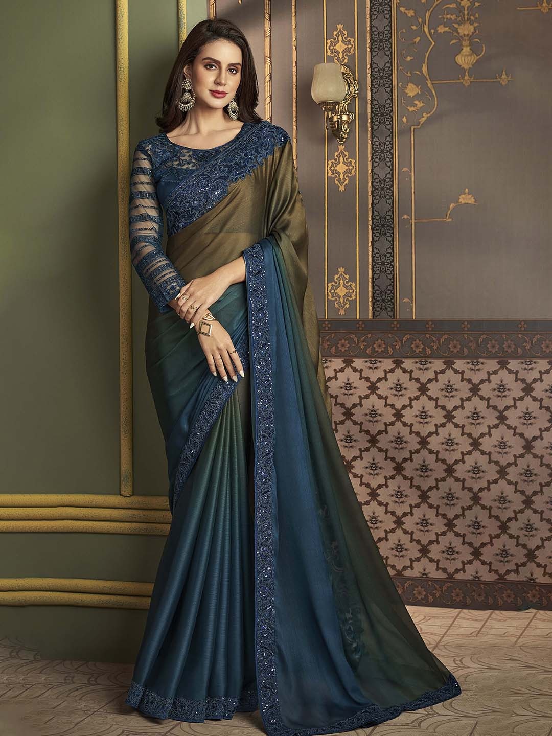 

Mitera Tie and Dye Embroidered Silk Blend Saree, Teal