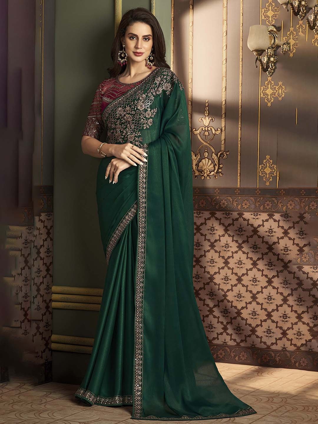 

Mitera Embellished Embroidered Silk Blend Saree, Green