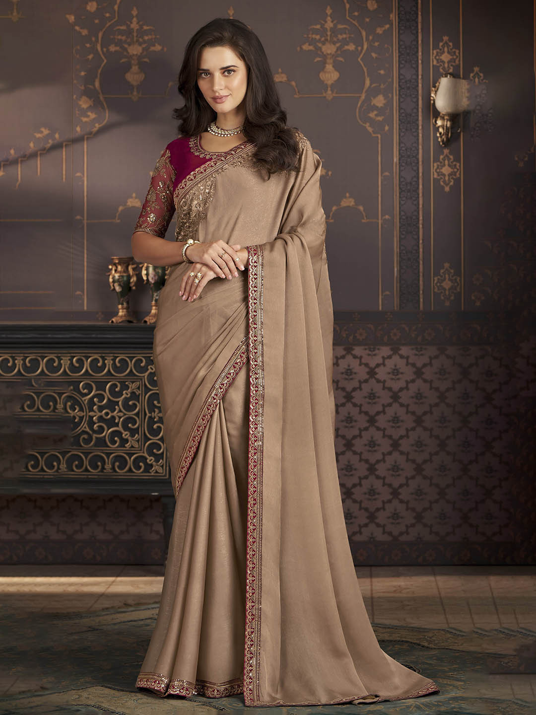 

Mitera Embellished Embroidery Saree, Beige